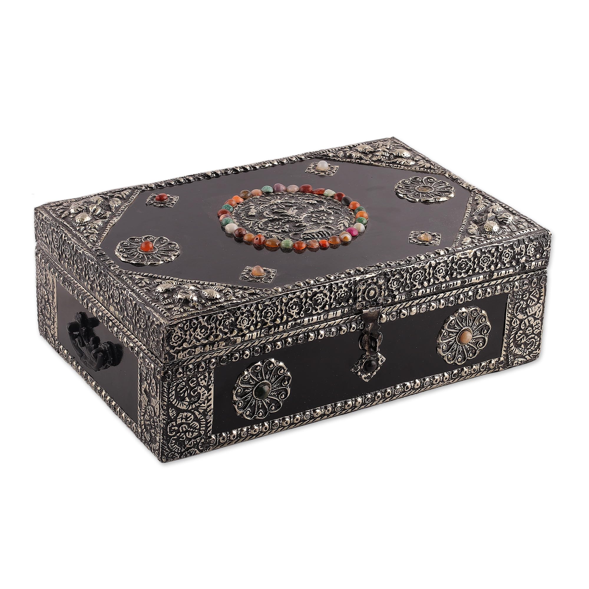 Handmade Nickel Repousse Mango Wood Jewelry Box with Glass Accents - Antique Sophisticated Gift for Women | Perfect for Jewelry Storage, Home Decor & Wedding Present