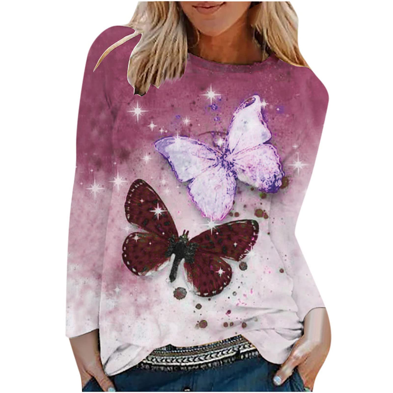 Women's Casual Long Sleeve T-Shirt - Cute Butterfly Print, Loose Lightweight Round Neck Top for Everyday Wear | Perfect for Spring Outfits, Office Casual & Weekend Brunch