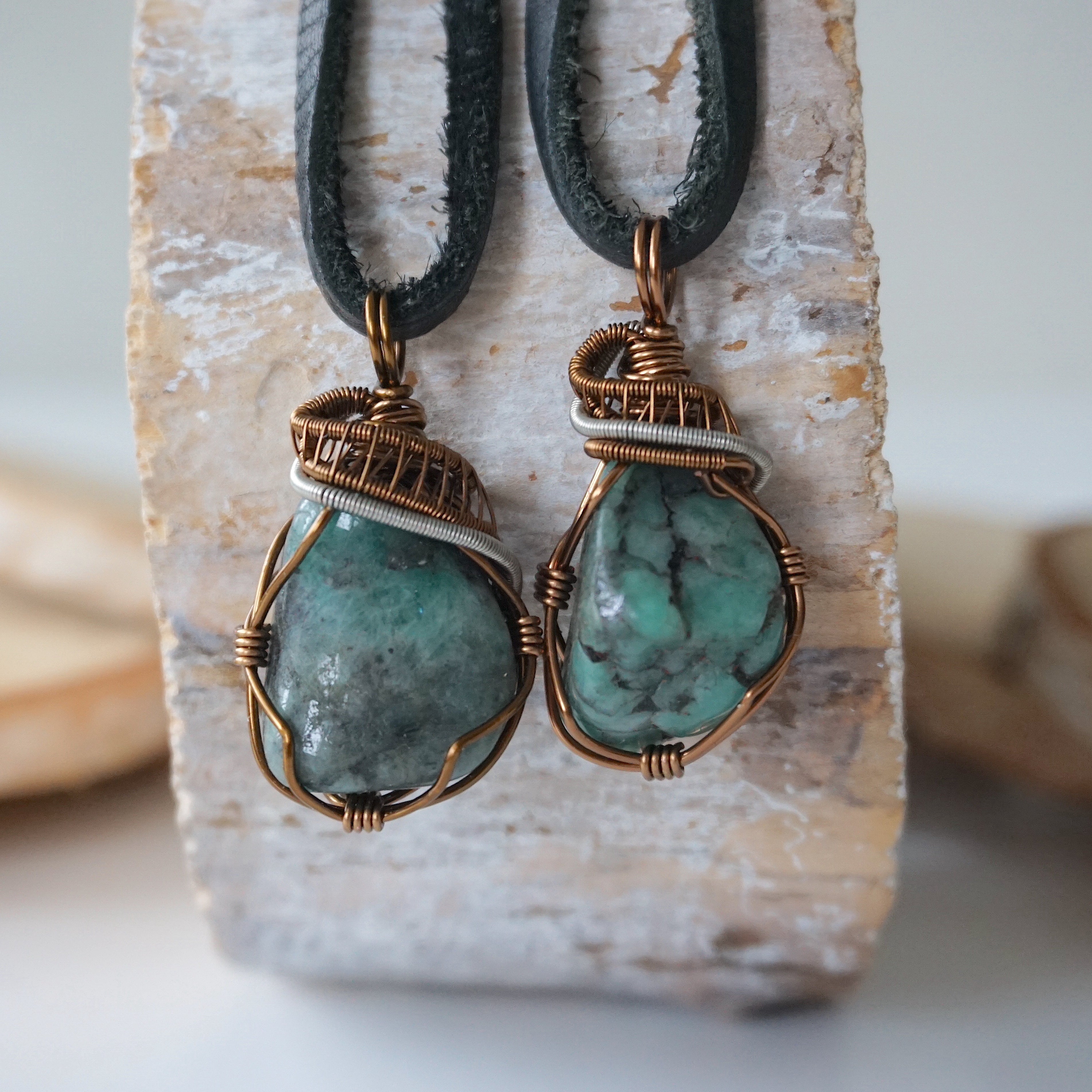 Handmade Men's Raw Emerald Necklace - Sterling Silver & Bronze Wire Wrapped Pendant with Black Leather Cord - Perfect for Gifts, Spiritual Healing & Boho Fashion
