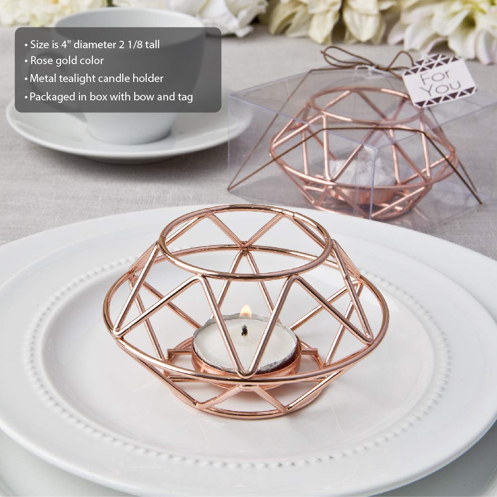 FASHIONCRAFT 8742 Rose Gold Geometric Tealight Candle Holder - Set of 2, Elegant Wedding Favors & Table Centerpiece Decor for Home, Party, and Romantic Ambiance