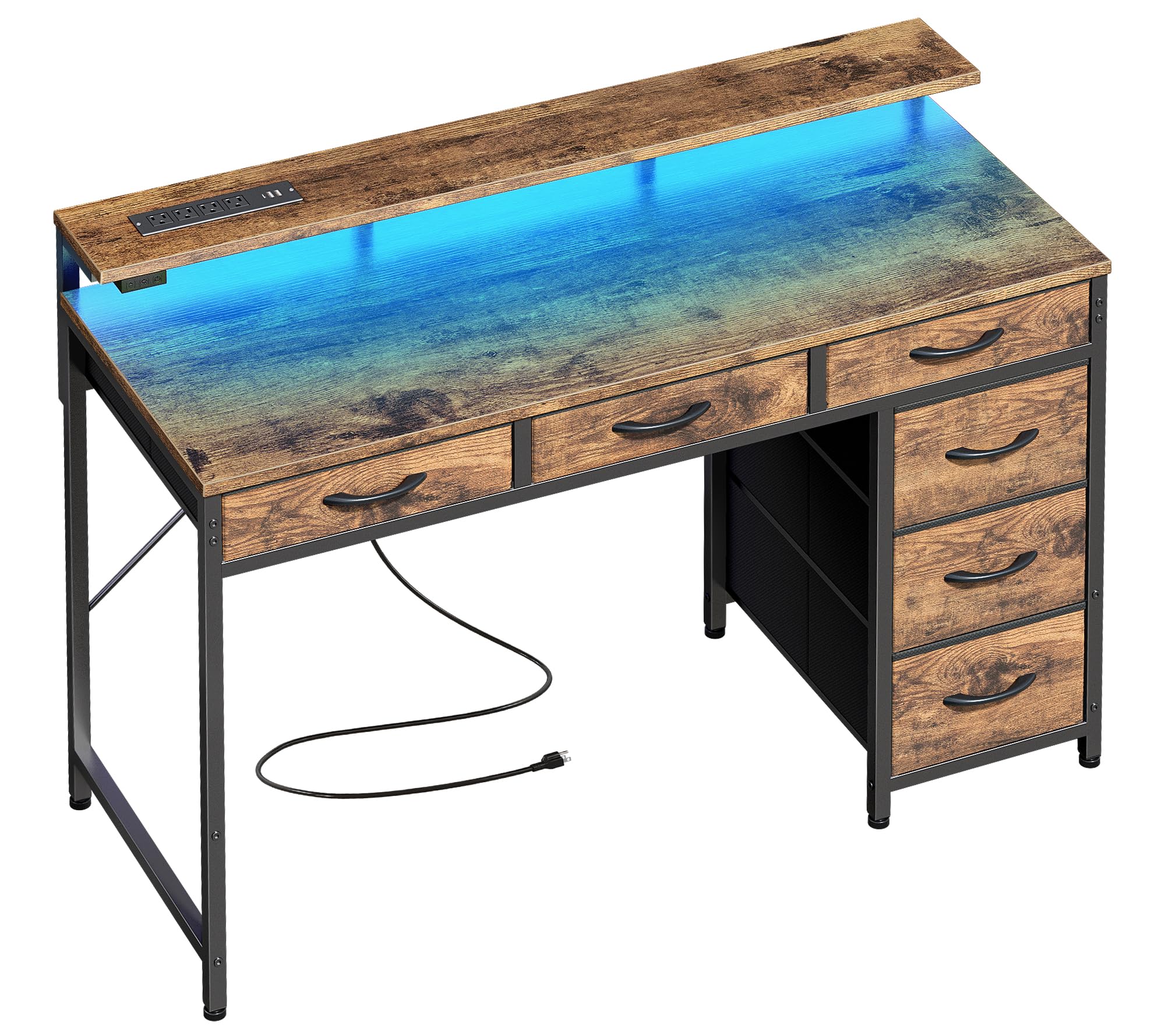 Huuger 39 Inch Gaming Desk with LED Lights, Power Outlets & Type-C - 6 Drawer Computer Desk with Monitor Stand - Rustic Brown Office Desk for Home, Study & Work - Perfect for Gaming Setup & Home Office Organization