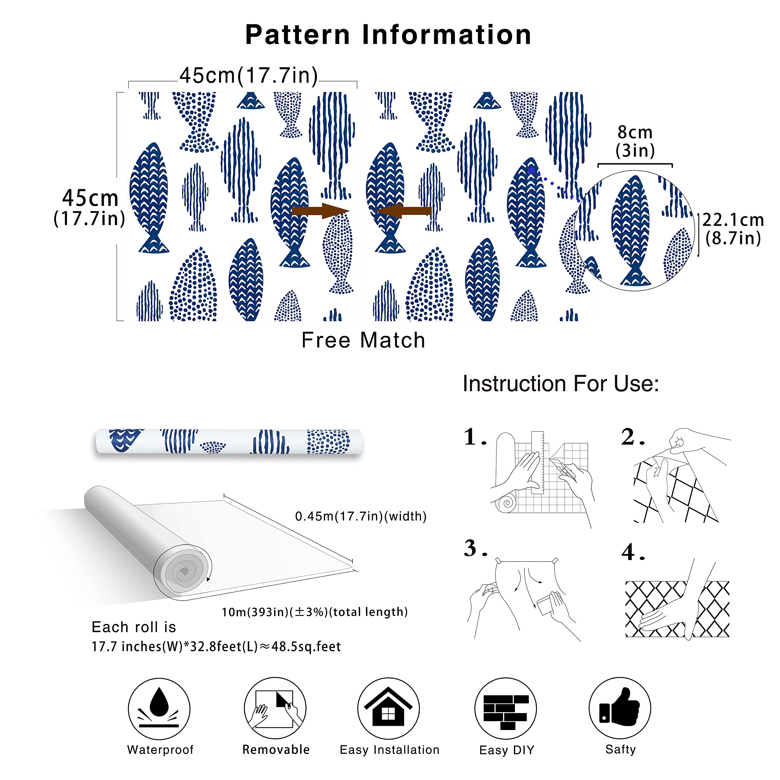 HAOKHOME Removable Peel and Stick Wallpaper - Underwater World Fish Trellis Design in Indigo Blue, Self-Adhesive Contact Paper for Home & Bathroom Decor (17.7in x 32.8ft) - Perfect for Accent Walls, Nursery, Rental Apartments & DIY Home Makeovers