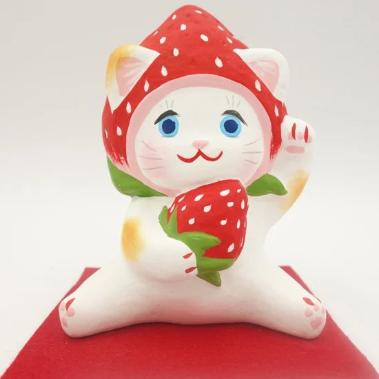 Nagahama Doll Japanese Maneki Neko (Beckoning Cat) Lucky Charm - Strawberry Design, Traditional Japanese Fortune Cat Figurine for Home Decor, Office Feng Shui & Gift Giving