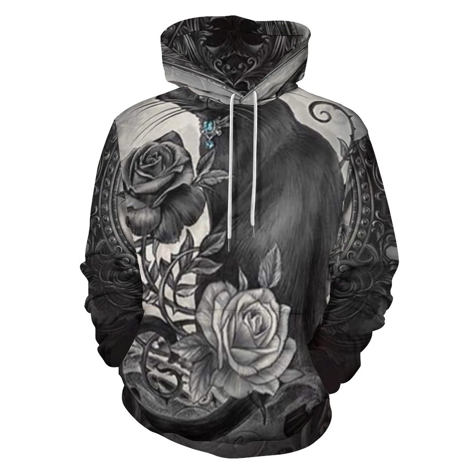 Black Cat Rose Print Hoodie with Pocket for Men & Women - Cozy Pullover Sweatshirt for Casual Wear, Street Fashion & Outdoor Activities