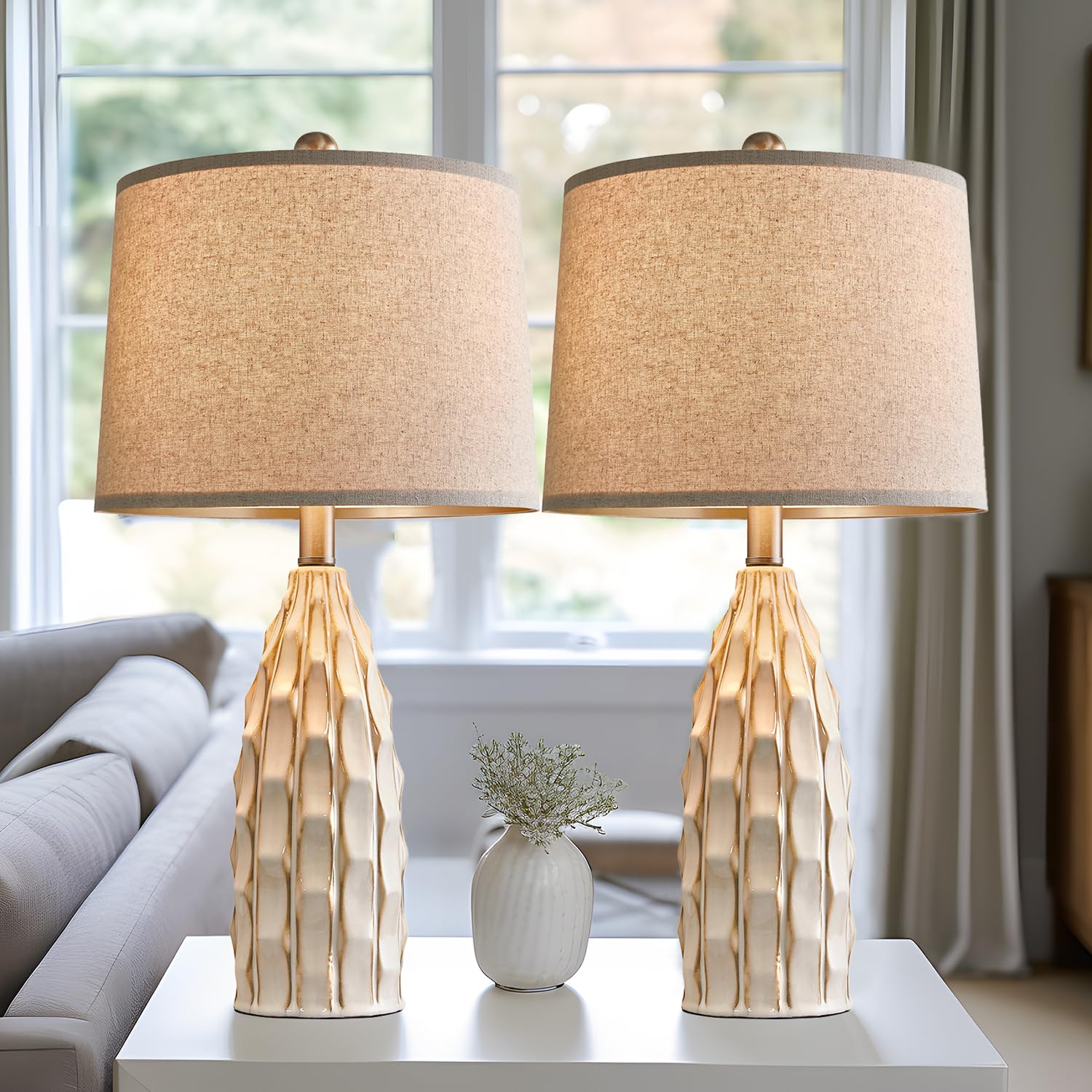 23.75-Inch Ceramic Table Lamps Set of 2 - Modern Farmhouse Nightstand Lamps for Bedroom, Living Room End Tables - Warm White Lighting for Cozy Home Decor & Reading Nook Ambience