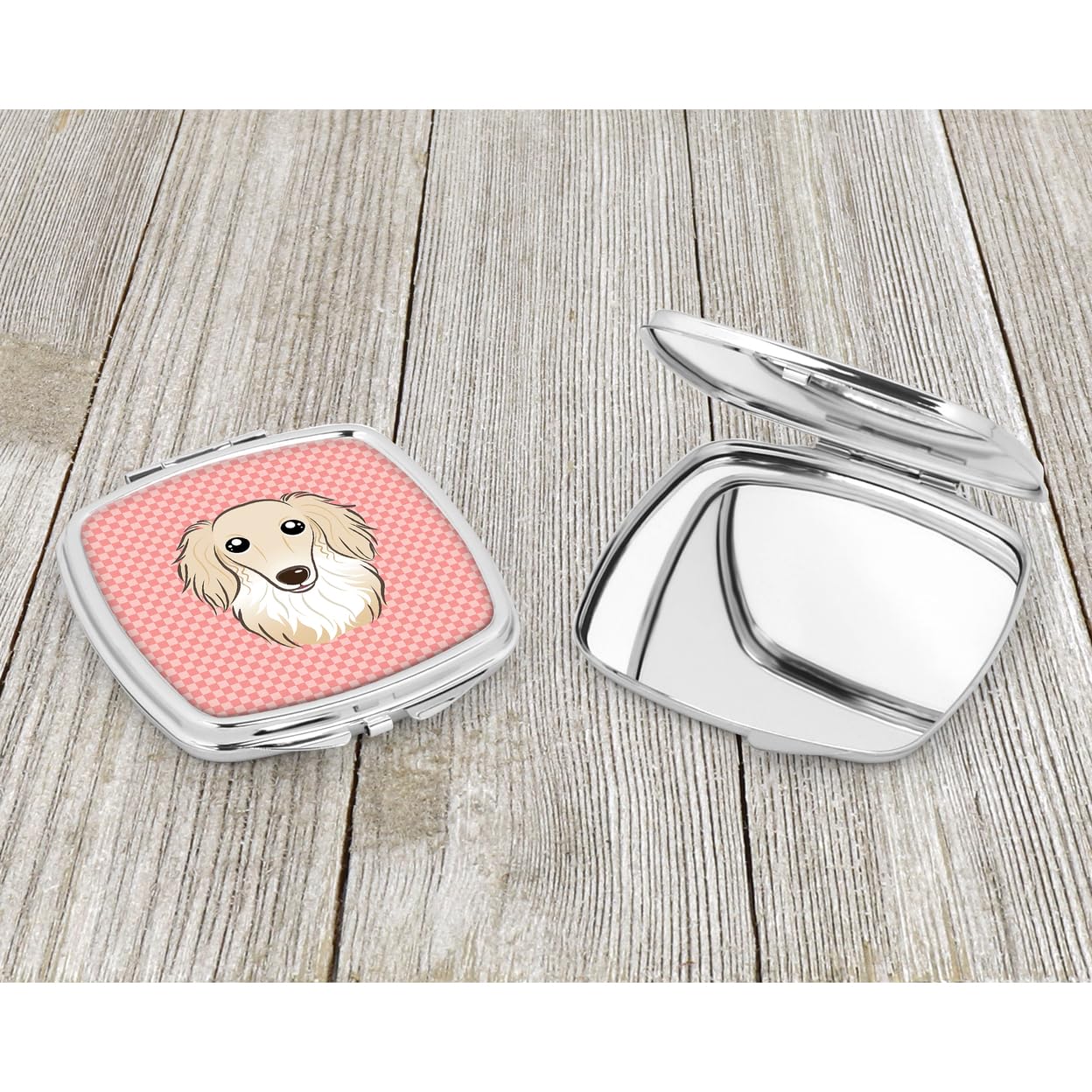 Caroline's Treasures BB1212SCM Pink Checkerboard Longhair Creme Dachshund Compact Mirror - Travel Makeup Mirror for Women & Girls, Handheld Folding Pocket Mirror, Perfect Gift for Makeup Touch-Ups On The Go
