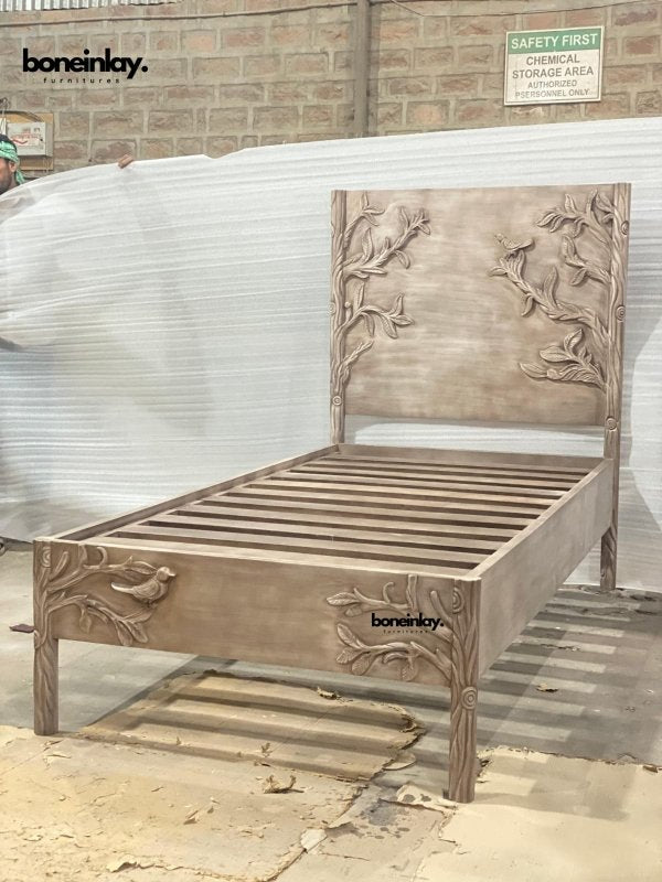Hand Carved Wooden Ornithology Twin Bed Frame with Headboard - Solid Wood Bird Design Bed for Kids & Teens - Perfect for Bedroom, Guest Room & Dormitory Decor