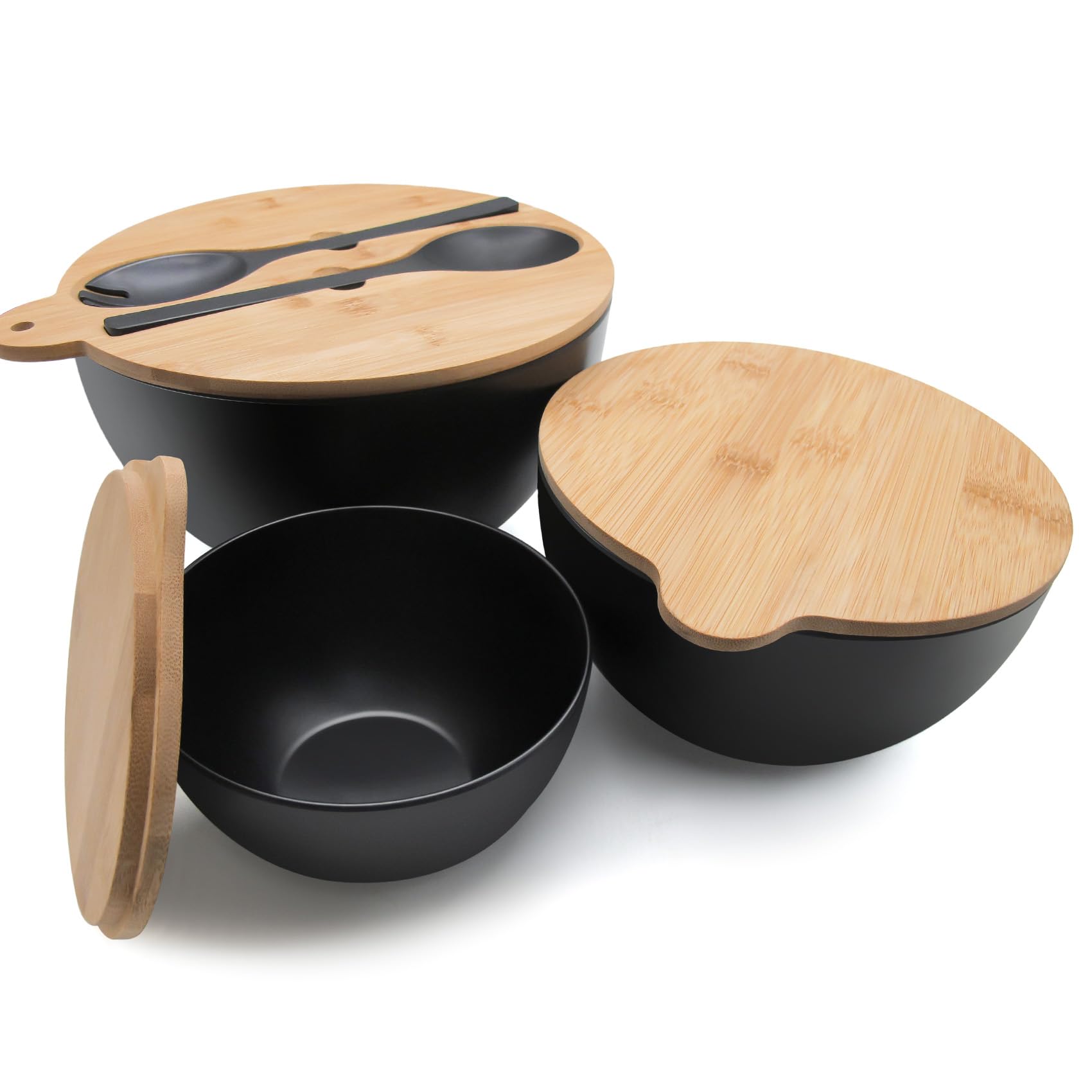 3-Piece Bamboo Fiber Salad Bowl Set with Seal Lid & Serving Utensils - Large Mixing Bowls for Kitchen, Pasta, Popcorn, Fruit - Perfect for Meal Prep, Entertaining & Food Storage (Black)