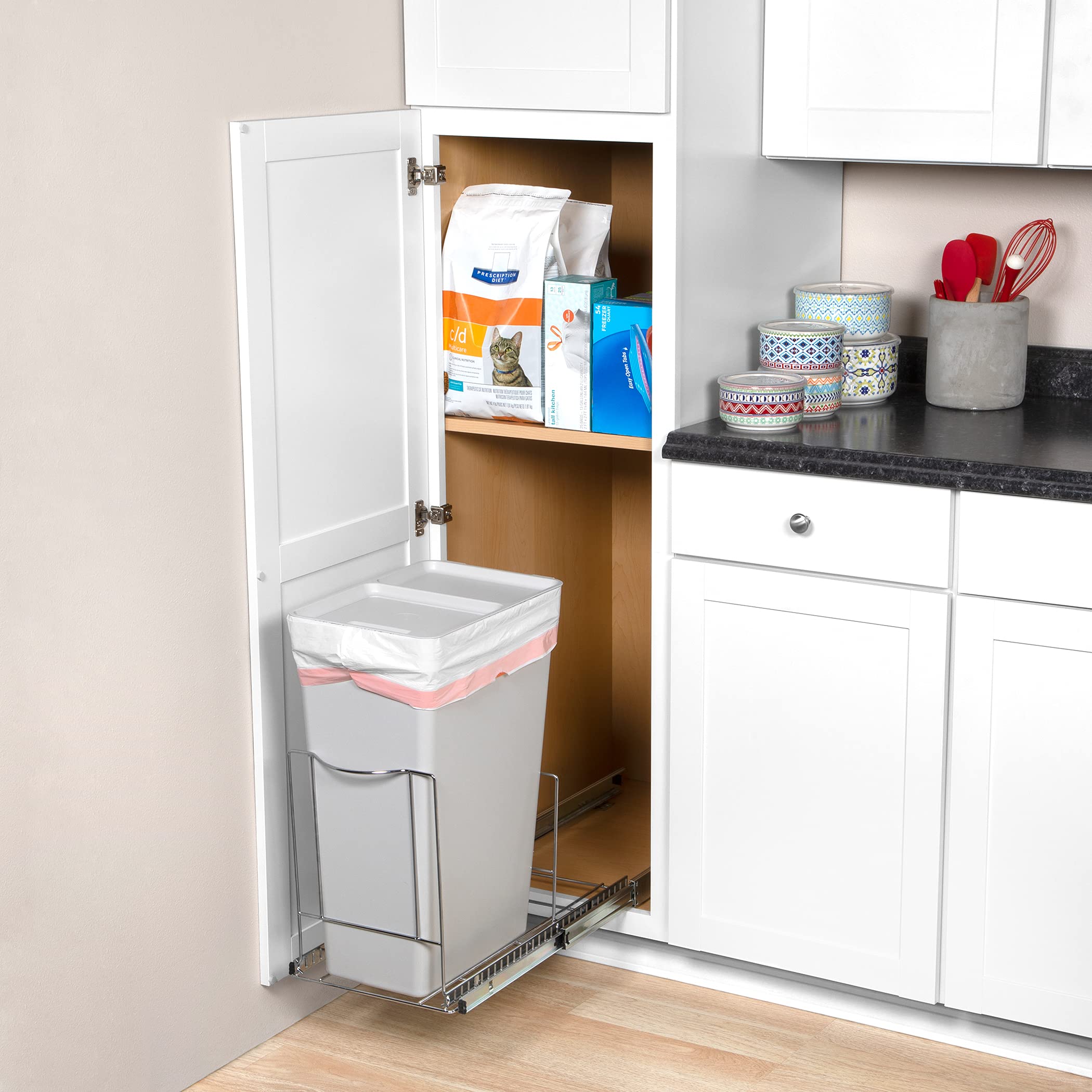 Under Cabinet Trash Can Drawer - Heavy Duty Adjustable Waste Bin for Kitchen Storage