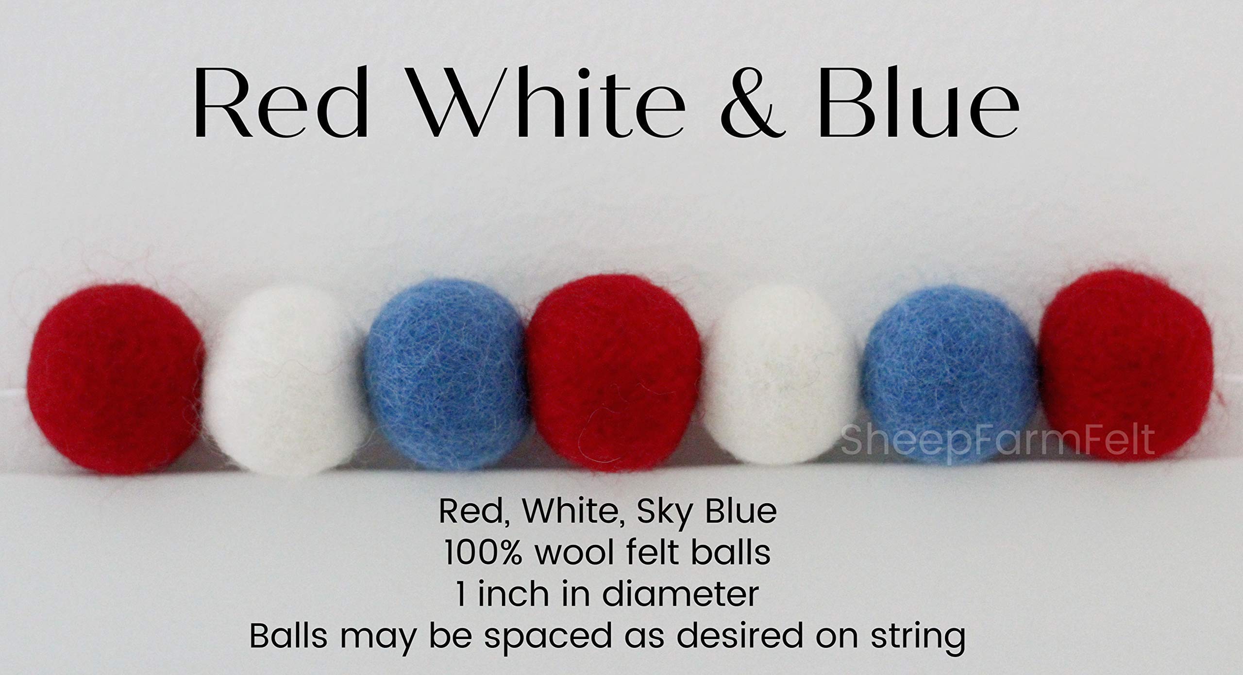 Red White & Blue Adjustable Handmade Felt Ball Garland - 1 Inch Pom Poms, 7 Feet Long with 28 Felt Balls by Sheep Farm Felt | Perfect for Summer Decorations, 4th of July Parties, Baby Showers & Nursery Wall Decor