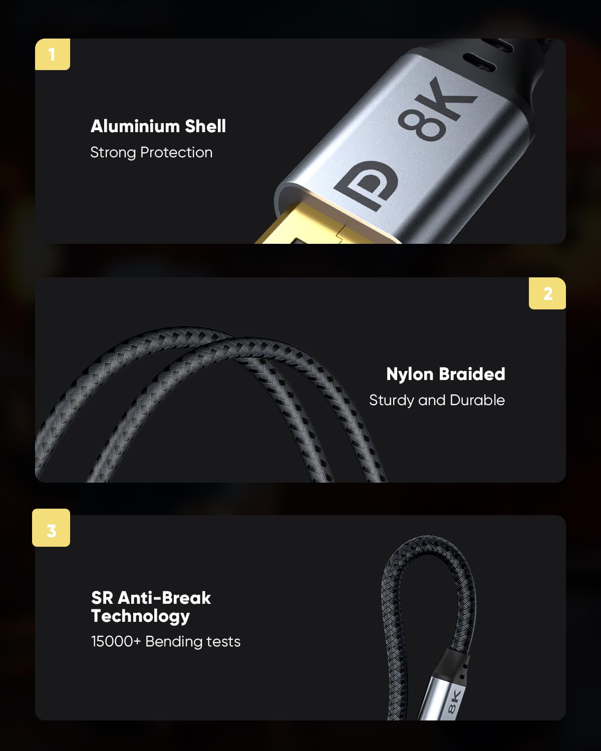 BUSOHE 8K DisplayPort Cable 1.4 (2M/6.6ft) - 8K@60Hz, 4K@144Hz, 2K@240Hz, 32.4Gbps, HDR, FreeSync, G-Sync - Compatible with Gaming Monitors, PCs, Laptops, TVs - Perfect for 8K Gaming, 4K Video Editing & Home Theater Setup