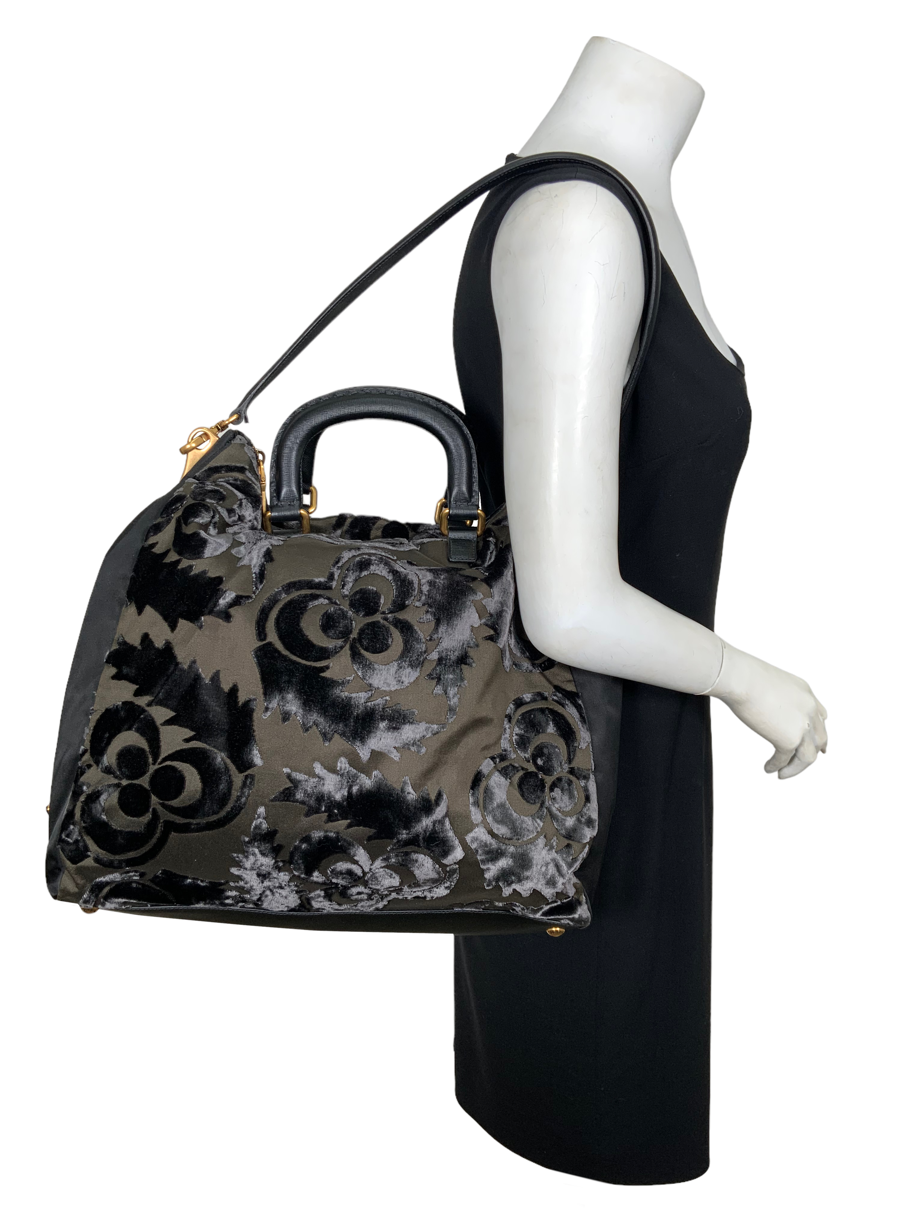 PRADA Nylon & Velvet Velluto Jacquard Tote Bag for Women - Luxury Designer Handbag for Work, Travel & Everyday Use