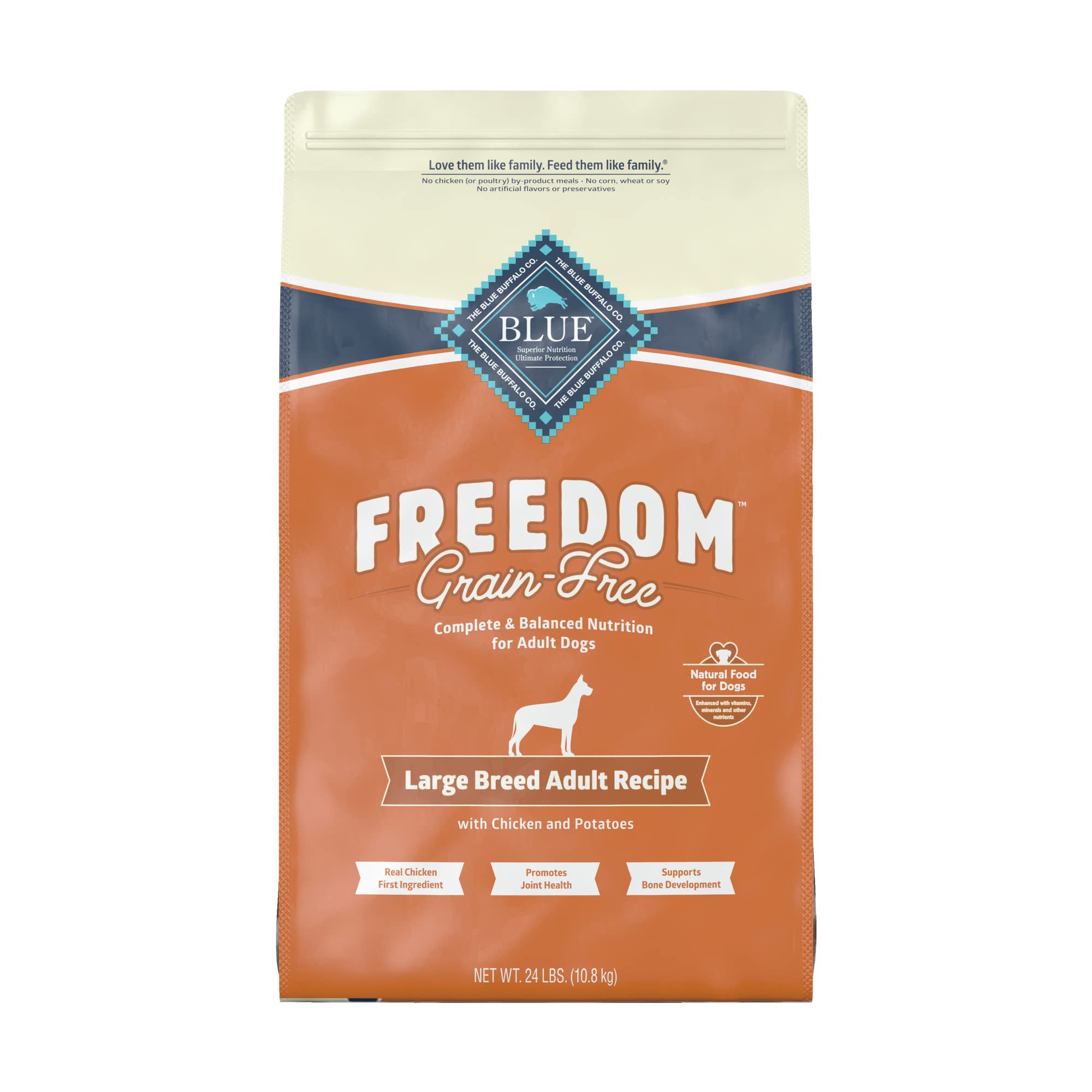 Blue Buffalo Freedom Grain-Free Large Breed Dry Dog Food - Chicken Recipe, 24 lb Bag - High Protein for Adult Dogs | Perfect for Active & Senior Large Breed Dogs