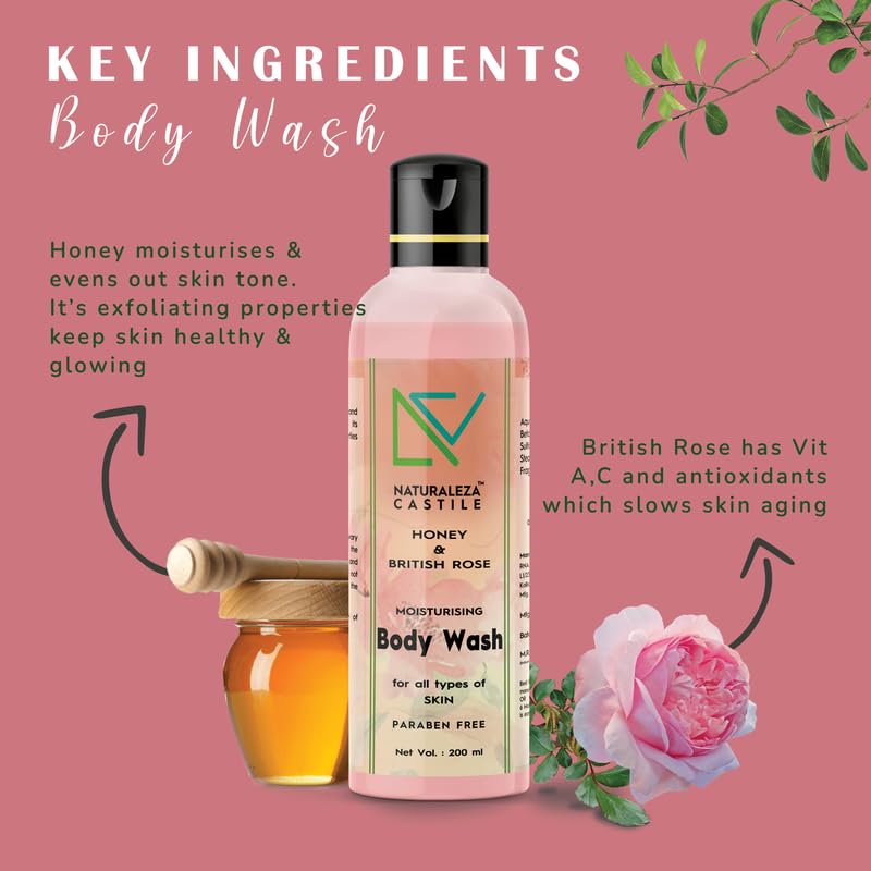 NATURALEZA CASTILE Honey & British Rose Moisturizing Body Wash - 200ml Shower Gel for Soft, Smooth Skin - Women & Men - Perfect for Daily Hydration & Relaxing Bath Time