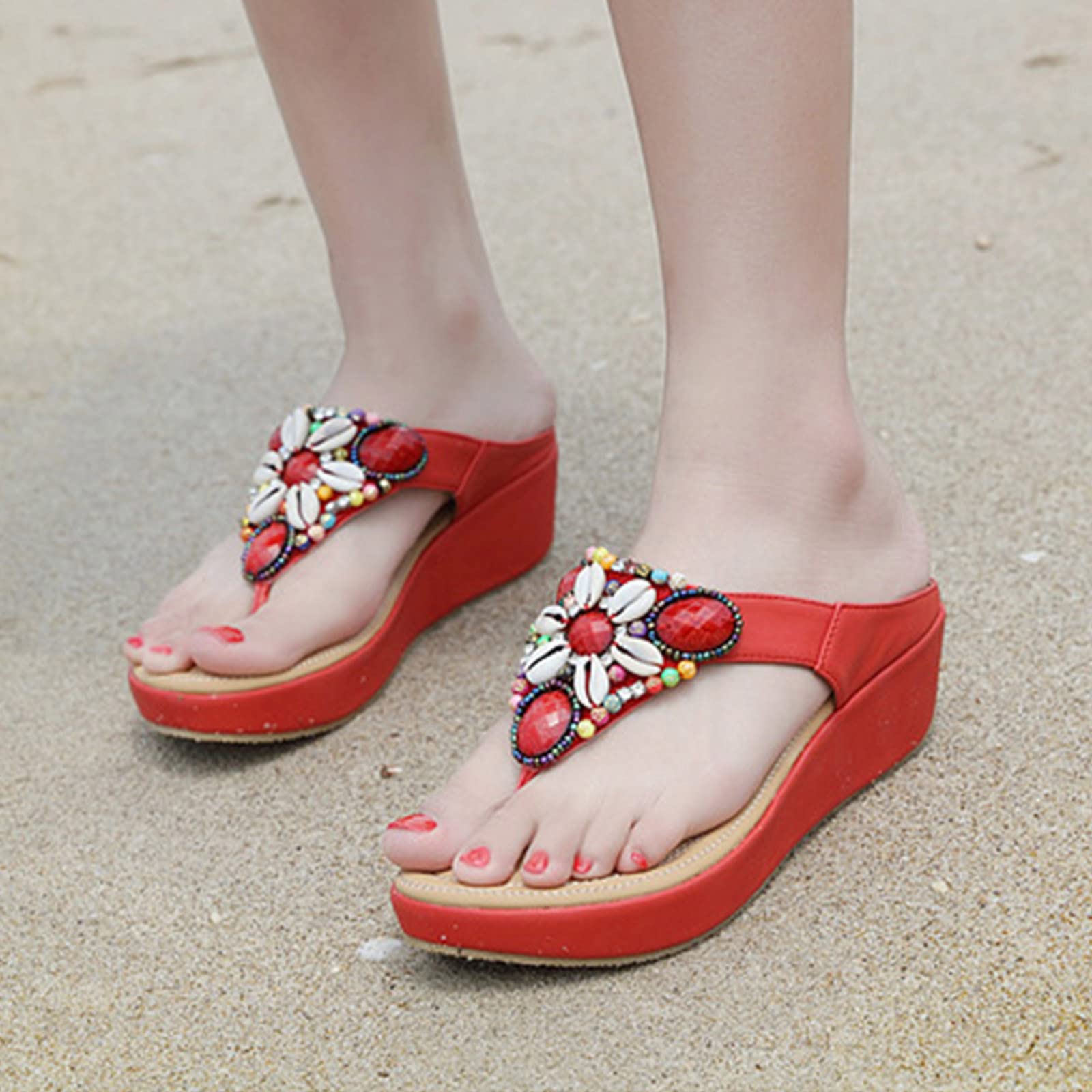 Women's Comfortable Wedge Flip Flop Sandals - Summer Casual Beaded Shell Thong Slides with Chunky Platform - Perfect for Beach, Poolside & Outdoor Activities