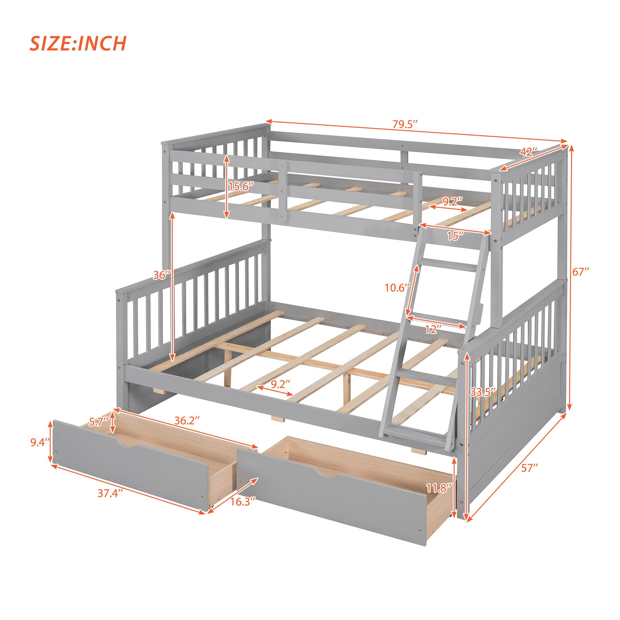 P PURLOVE Twin Over Full Bunk Bed with 2 Storage Drawers, Sturdy Wood Bunk Bed Frame with Ladder, No Box Spring Needed, Space-Saving Gray Bunk Bed - Perfect for Kids' Bedrooms, Guest Rooms & Small Spaces