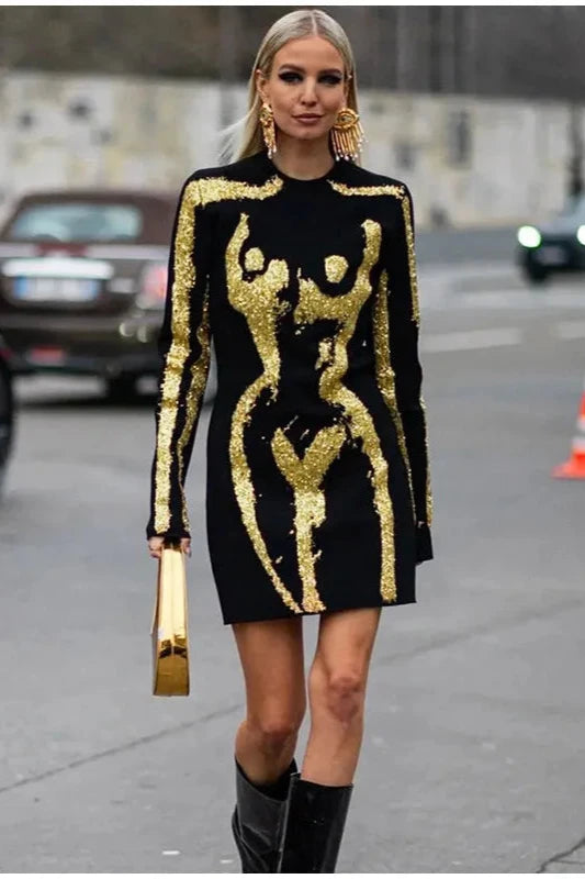 Black Bandage Dress - Sexy Mini Party Dress with Gold Accents for Women | Cocktail & Evening Outfits | Perfect for Nightclubs, Dates & Special Events