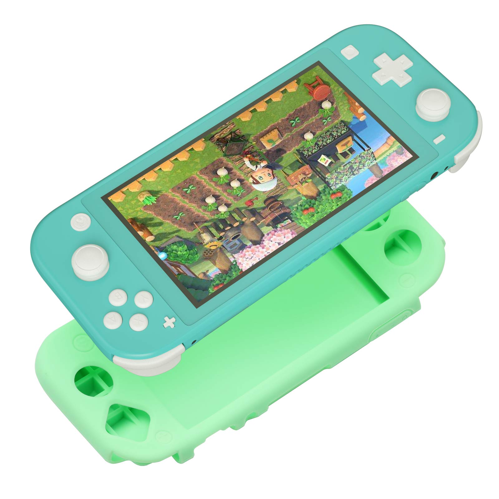 Premium Silicone Protective Case for Nintendo Switch Lite - Shockproof Cover with Tempered Glass Screen Protector & 6 Thumb Grips (Animal Crossing Green) - Perfect for Gaming, Travel & Everyday Use