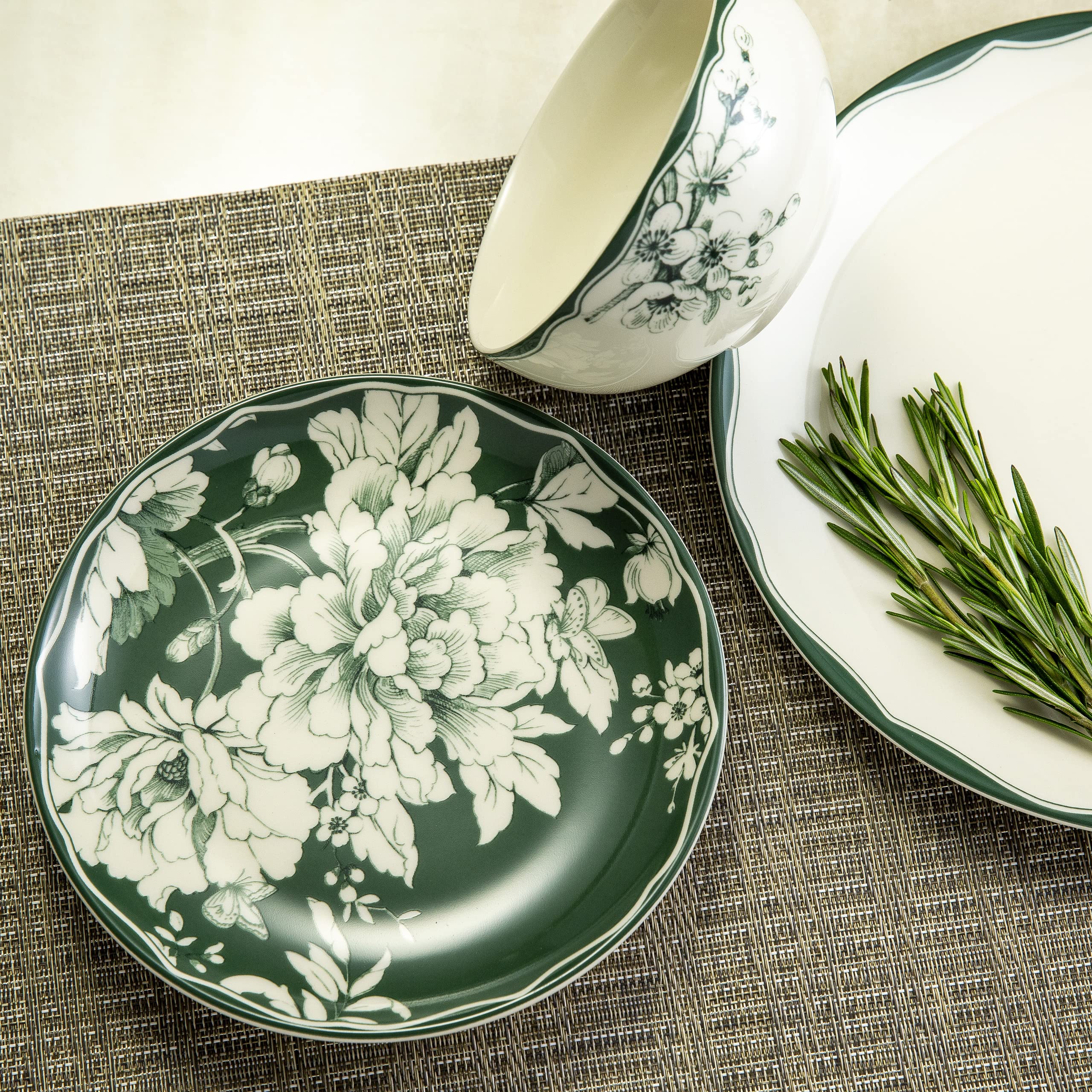 222 Fifth Brittany 12-Piece Sage Porcelain Dinnerware Set – Service for 4, Includes Dinner Plates, Salad Plates & Bowls, Lead-Free, Floral Design, Elegant Everyday Dining & Entertaining – Perfect for Family Meals, Dinner Parties & Holiday Gatherings
