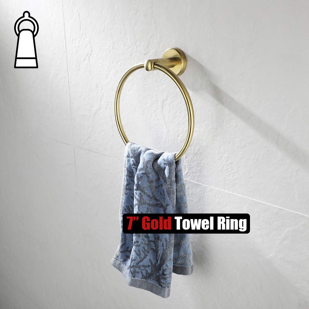 JQK Brass Gold Towel Ring - 304 Stainless Steel Bathroom Hand Towel Holder - Wall Mounted Brushed Gold Finish (TR130-BG) - Perfect for Modern Bathroom & Powder Room Decor