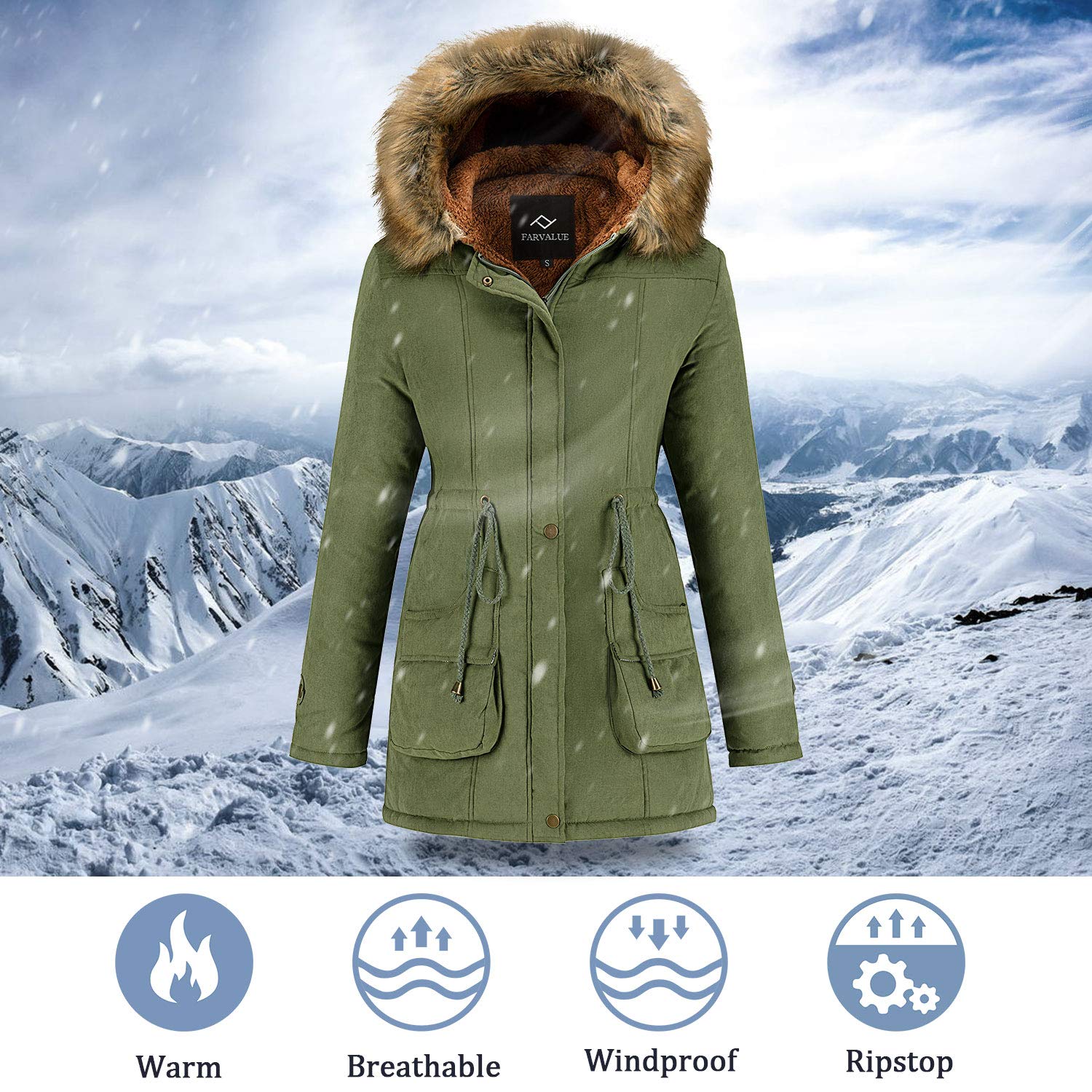 FARVALUE Women's Winter Coat - Hooded Fleece Parka Jacket with Fur Trim, Warm Winter Outerwear for Women | Perfect for Snowy Days & Cold Weather Activities