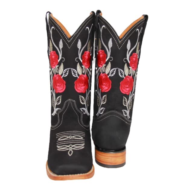 **Women's Western Cowboy Boots - Square Toe Embroidered Floral Roses Cowgirl Boots for Country Dancing & Rodeo (Black)**