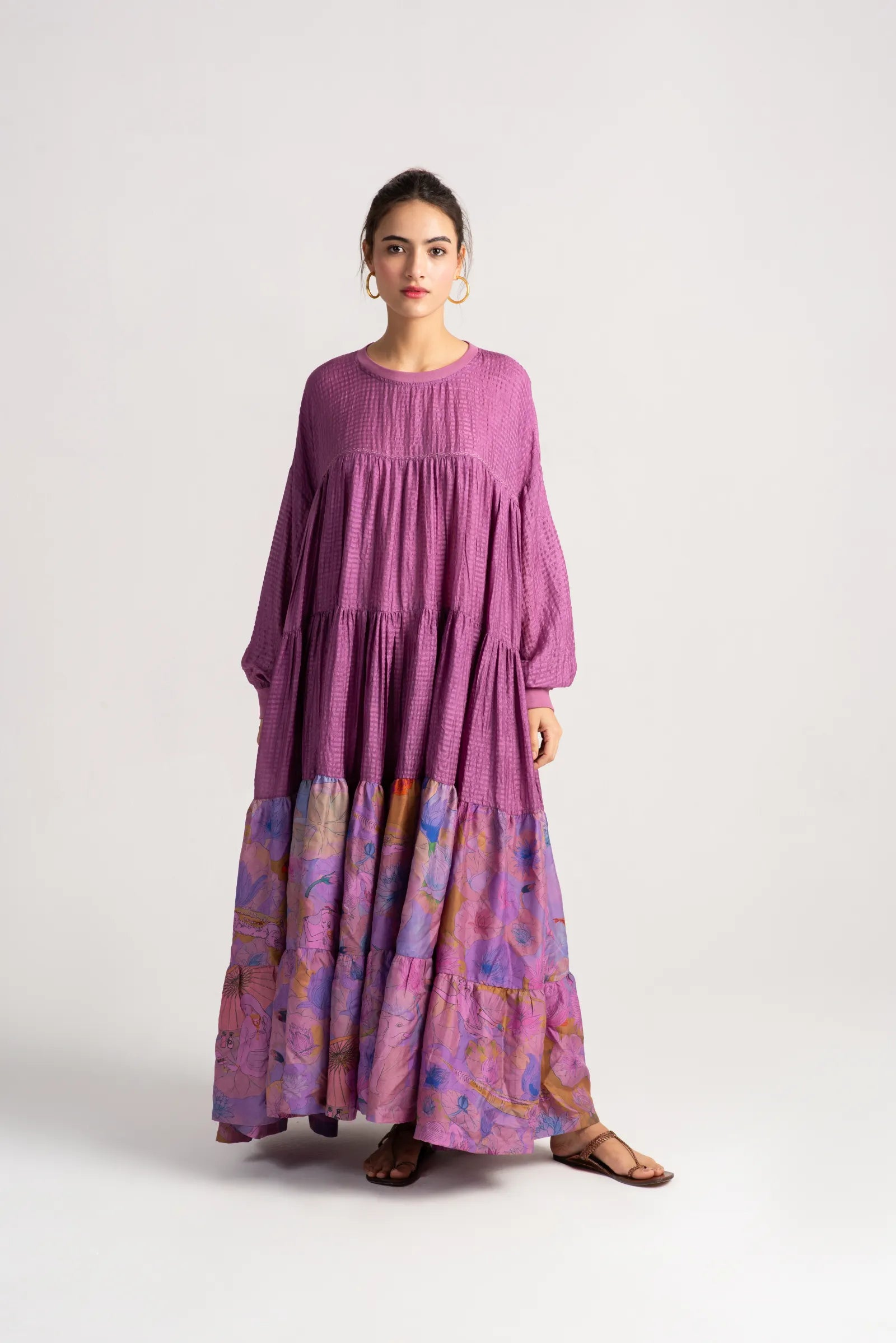 Noor Mahal Silk Check Amethyst Dress – Elegant Women's Formal Wear for Weddings, Parties & Special Occasions