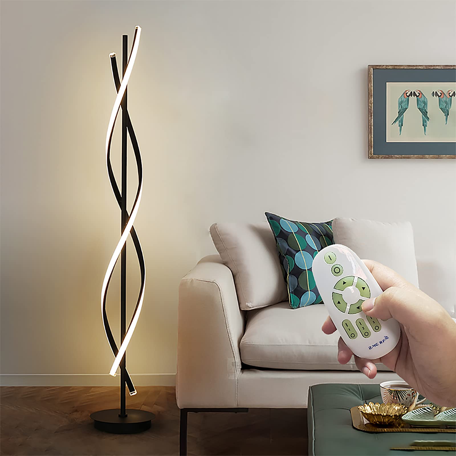 61-Inch Tall 60W DNA Spiral LED Floor Lamp - Modern Nordic Style Standing Light with Remote Control (3 Color Temperatures, Black) | Perfect for Living Room, Bedroom & Office Lighting Decor