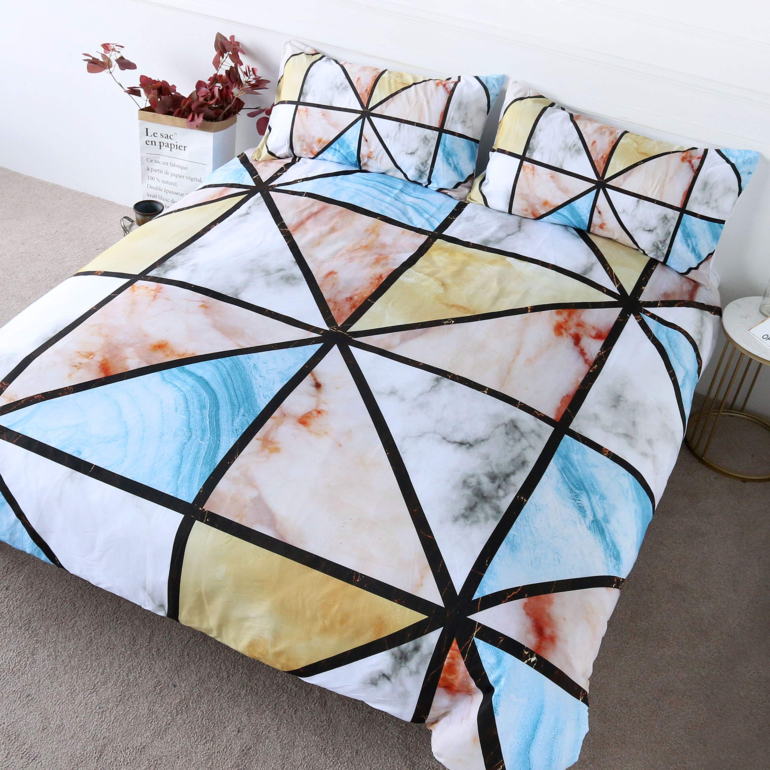 BlessLiving Abstract Pastel Marble Duvet Cover Set - Trendy Marble Pattern 3-Piece Comforter Cover with Geometric Lines in Blue, Red, Yellow & Black - Soft Twin Size Bedding for Women - Perfect for Modern Bedrooms, Guest Rooms & Dorm Decor