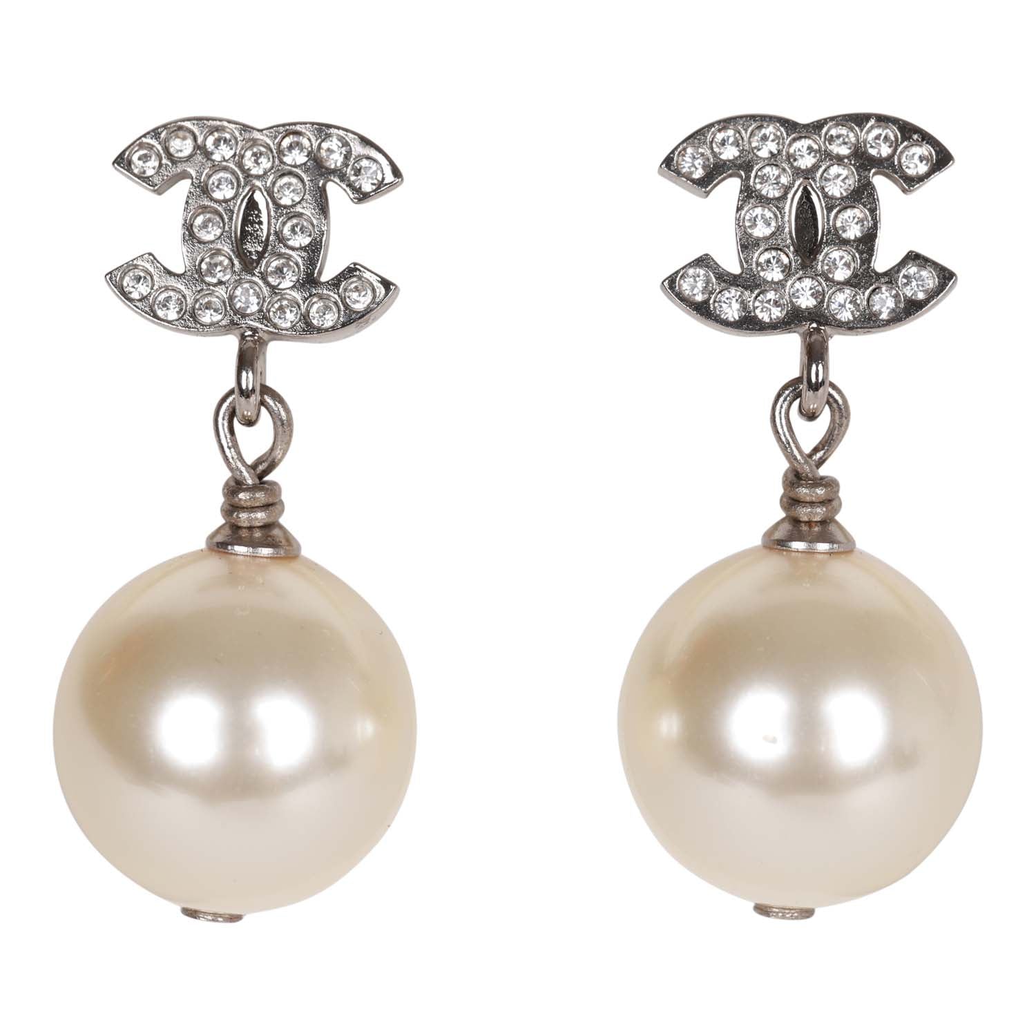 Chanel Silver CC Faux Crystal Pearl Drop Earrings for Women - Elegant Fashion Jewelry Gift for Party, Wedding & Special Occasions
