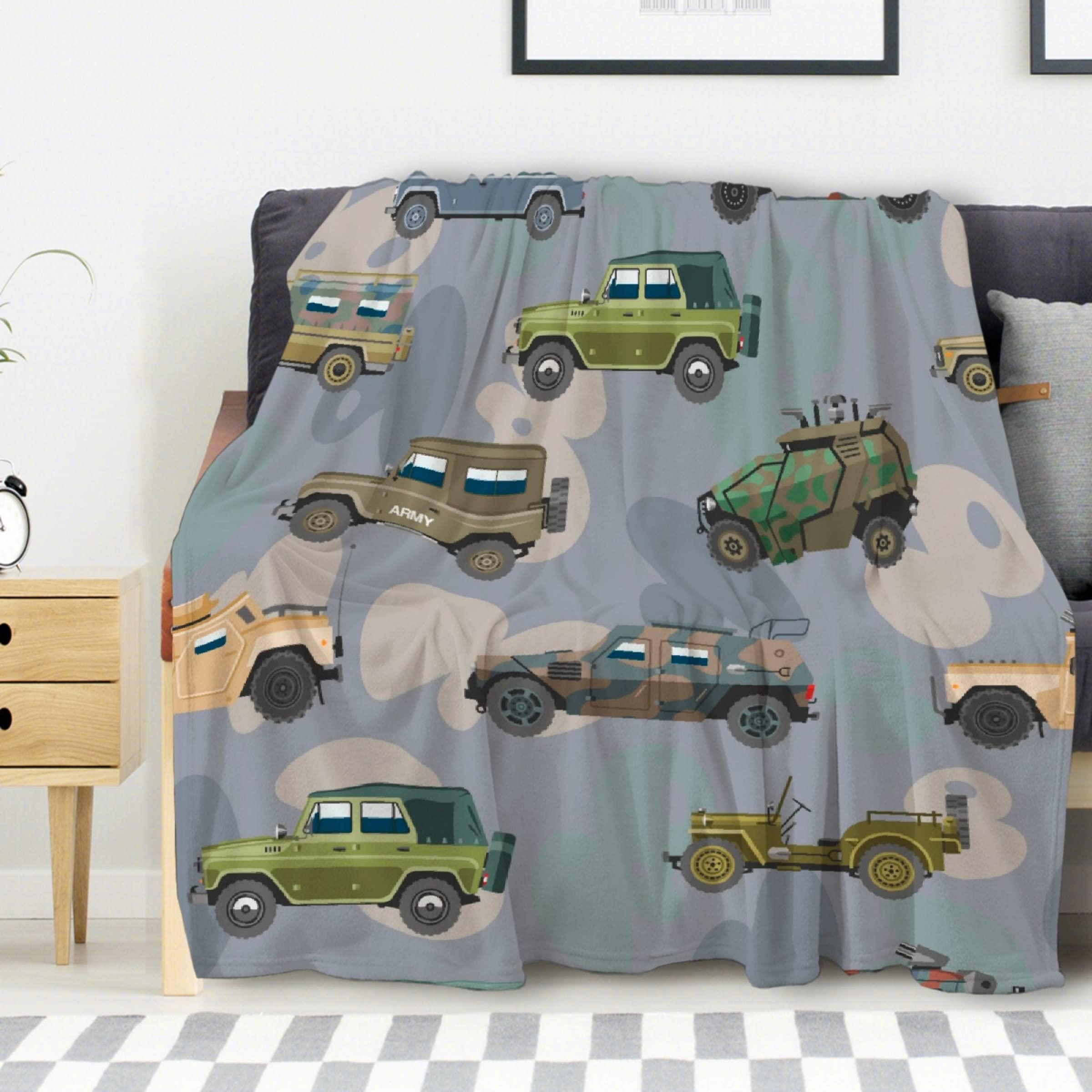 Military Vehicle Car Flannel Blanket - Super Soft & Warm 120x90 Inch Oversized Blanket for Bed, Couch, Sofa - Cozy Family Blanket for Camping, Road Trips & Home Decor