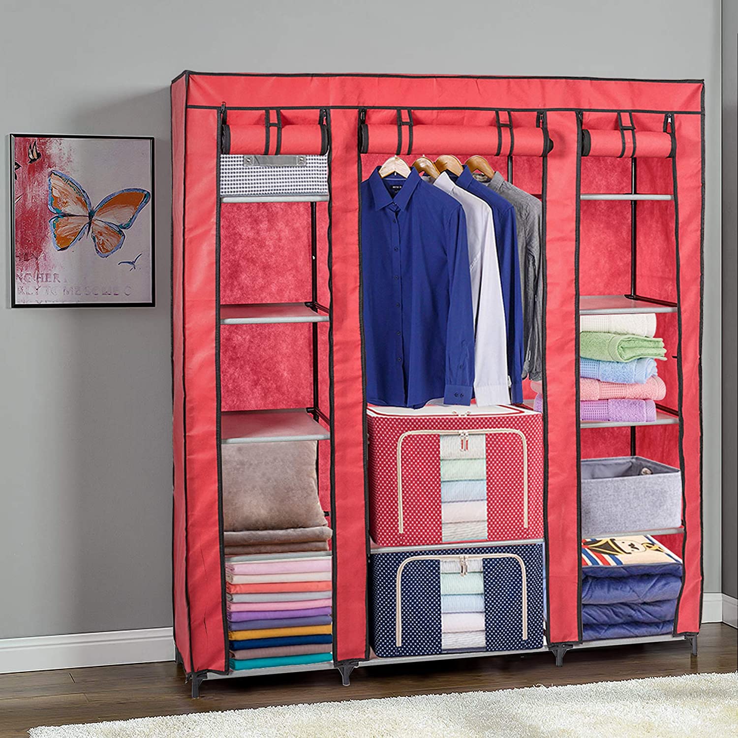 Dporticus 59 Inch Portable Closet Organizer with Hanging Rod - 12 Storage Shelves, Non-Woven Fabric Wardrobe for Bedroom, Closet & Dressing Room Organization - Perfect for Small Spaces, Apartments and Dorm Rooms (Red)