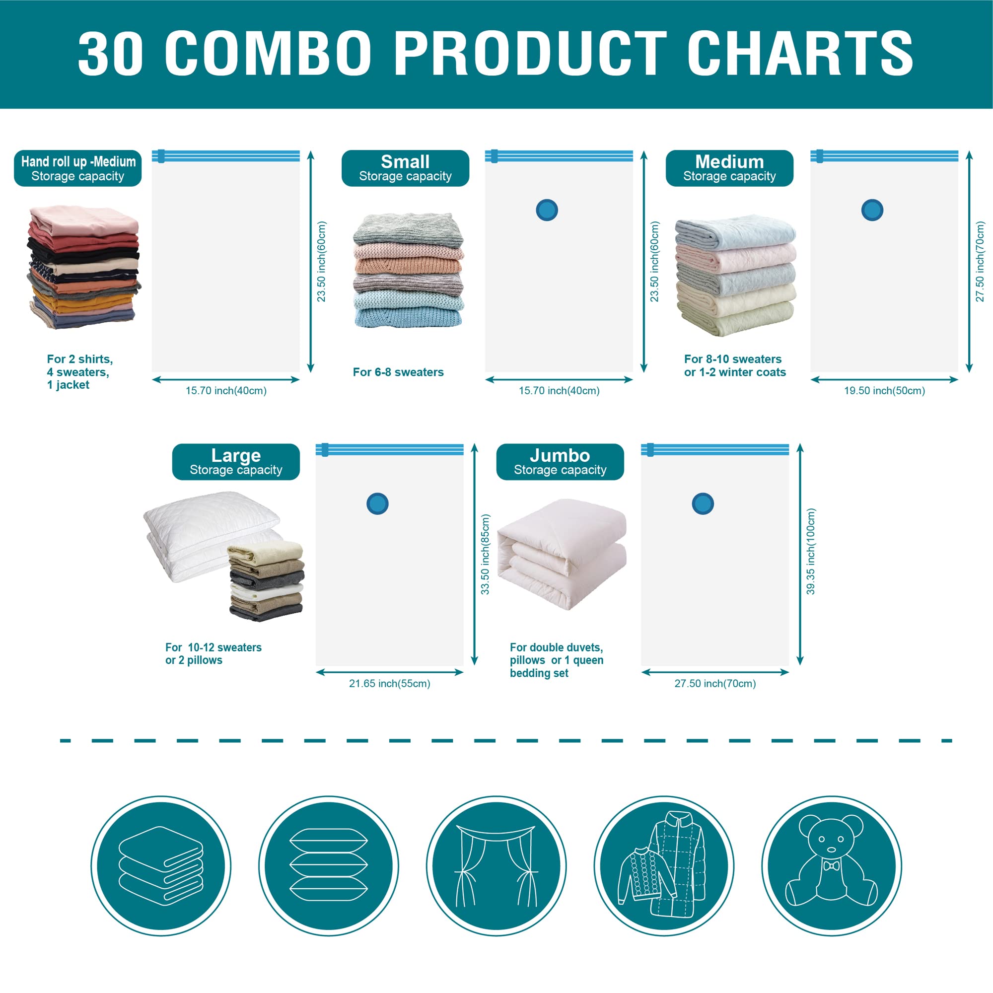 30 Pack Space Saver Vacuum Storage Bags (6 Jumbo/6 Large/6 Medium/6 Small/6 Roll) - Compression Bags for Clothes, Comforters, Blankets & Seasonal Storage - Includes Hand Pump - Perfect for Travel, Moving & Home Organization