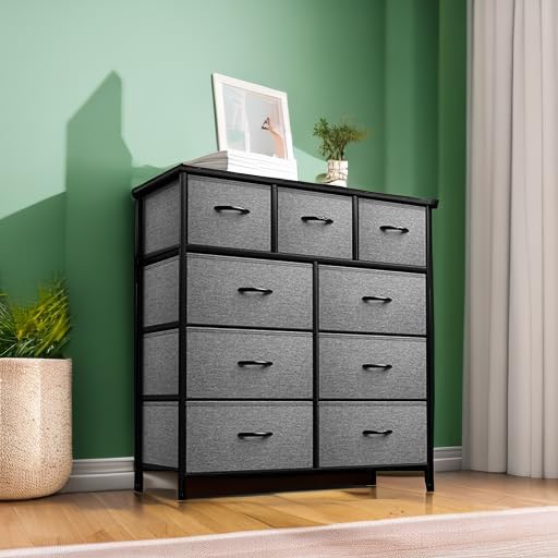 Sorbus 9-Drawer Dresser Storage Organizer - Black Steel Frame & Wood Top Chest Tower with Easy Pull Fabric Bins for Bedroom, Hallway, Closet & Office | Space-Saving Furniture for Small Apartments & Dorm Rooms