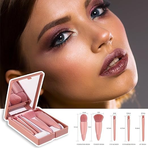 ZOOMIQUE Mini Makeup Brush Set with Mirror - 6 Piece Travel Makeup Brushes for Eyebrow, Blush & Lip Gloss | Portable Cosmetic Brush Case | Perfect for On-the-Go Touchups, Travel & Professional Makeup Artists (Pink)
