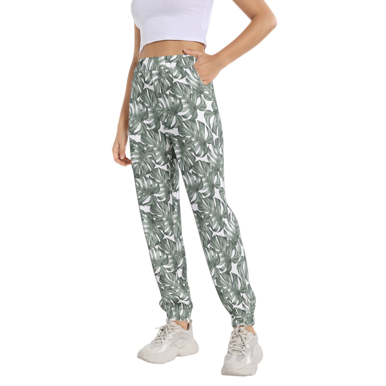 Elastic Waist Tapered Sweatpants for Women - Soft Cotton Joggers with Tropical Palm Print - Perfect for Yoga, Lounge & Casual Wear