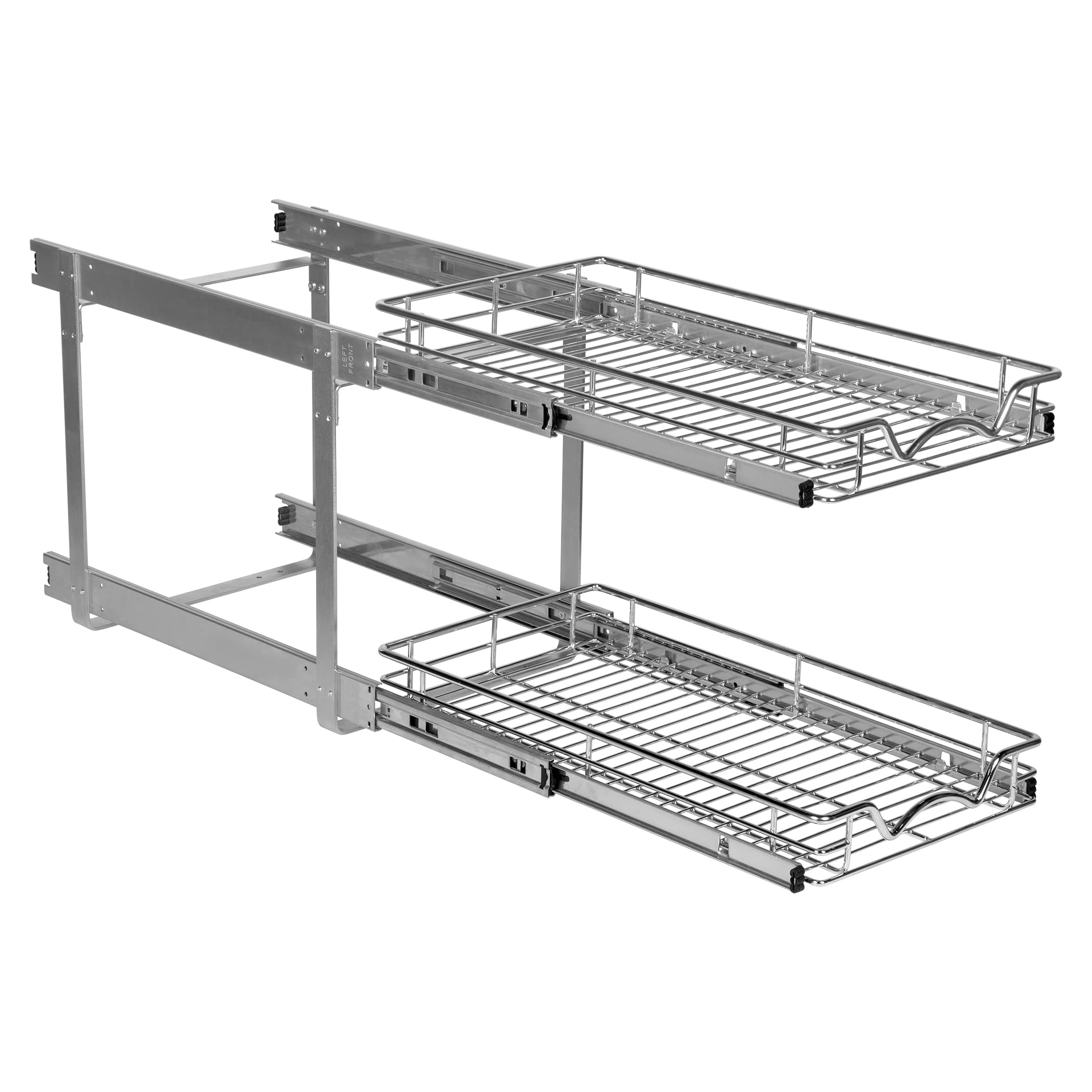2-Tier Pull Out Cabinet Organizer - Heavy Duty Metal, Anti-Rust Chrome Finish for Kitchen & Bathroom Storage