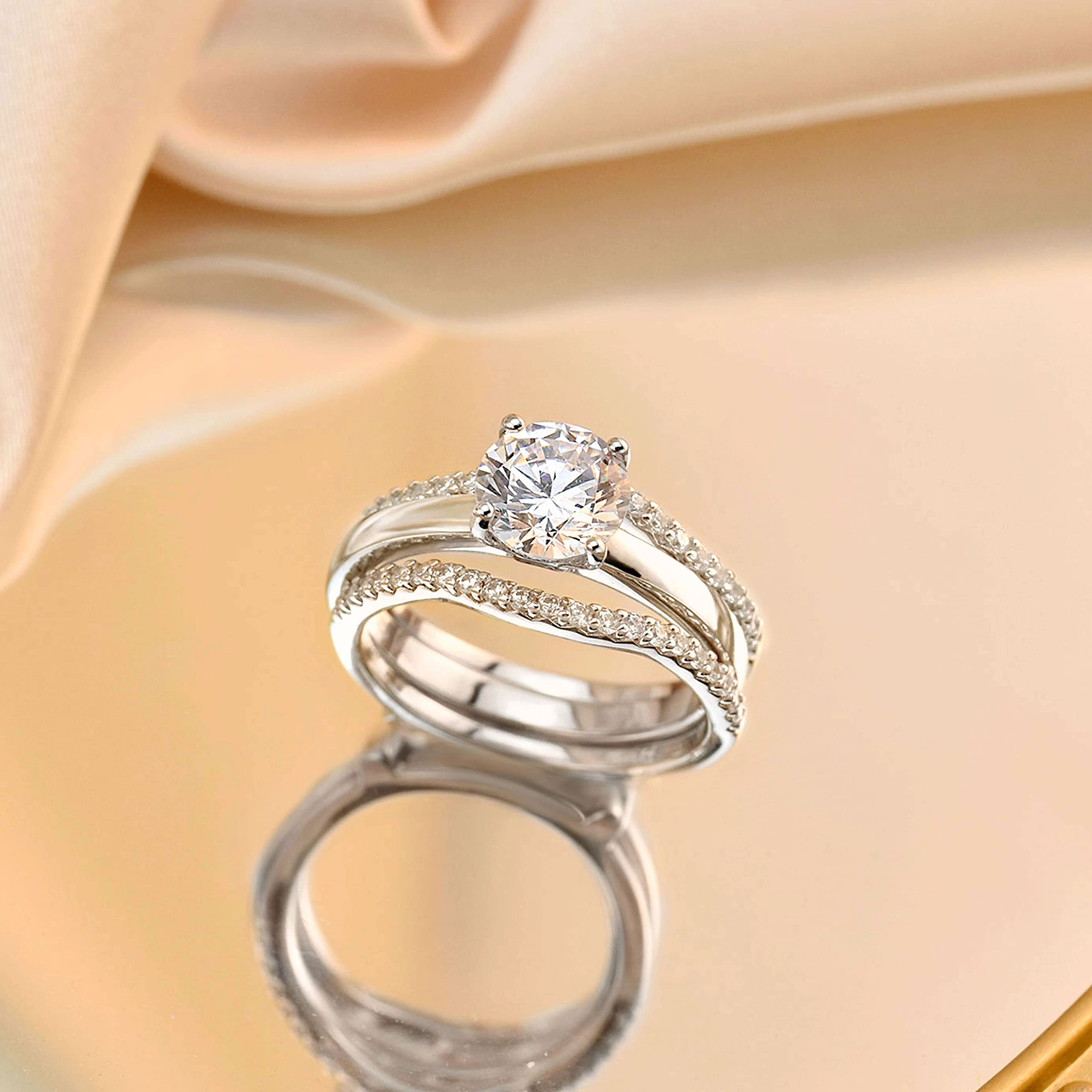 SHELOVES Solitaire Princess CZ Engagement Ring Set with Wedding Band & Ring Enhancer - Sterling Silver Size 5-12 - Perfect for Proposals, Anniversaries & Bridal Jewelry