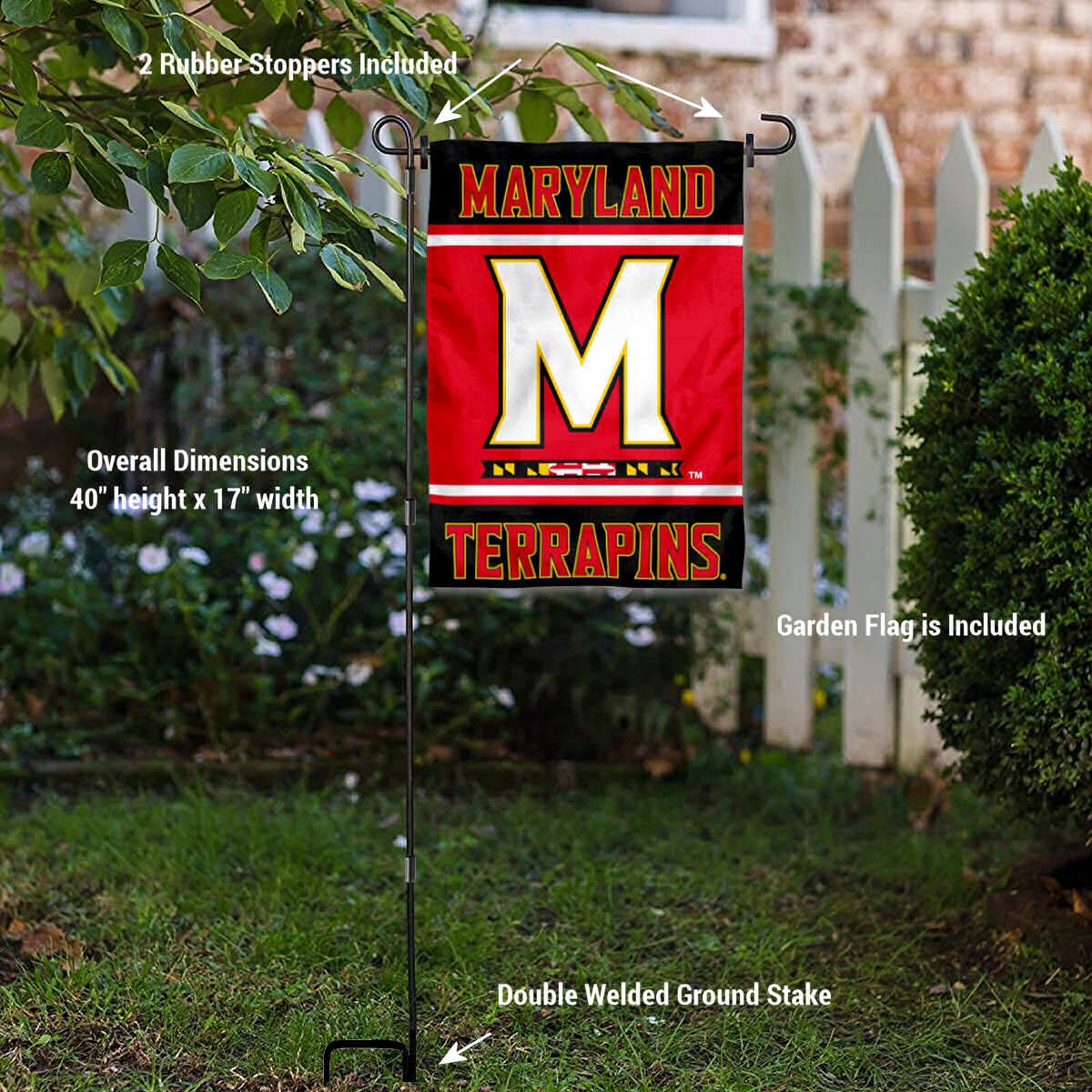 Maryland Terrapins College Garden Flag with Stand Holder - Double-Sided Outdoor Decorative Flag for Yard, Porch, and Tailgating - Show Your Team Spirit at Home or Game Day Events