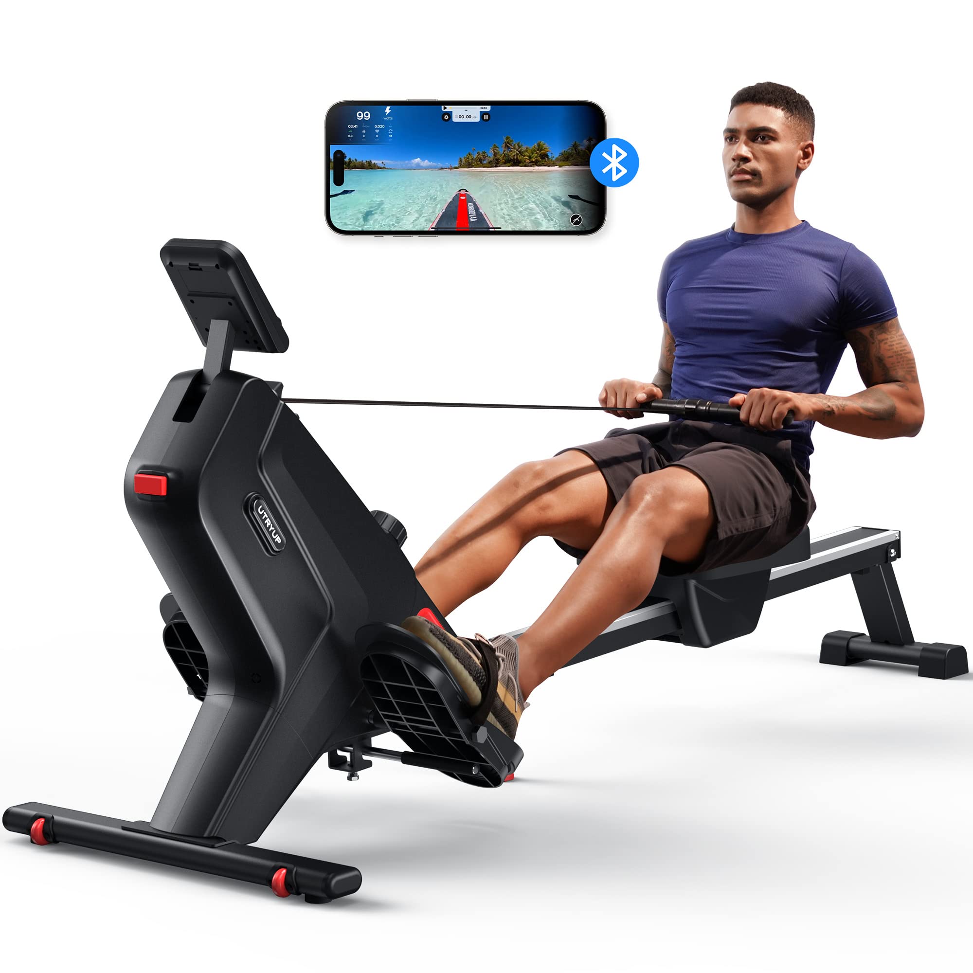 UTRYUP Magnetic Water Rowing Machine for Home Gym - 350 lbs Weight Capacity, 16 Resistance Levels, Quiet Foldable Design with Bluetooth Connectivity & App Support - Perfect for Small Spaces, Cardio Workouts & Full-Body Training (Includes Tablet Holder)