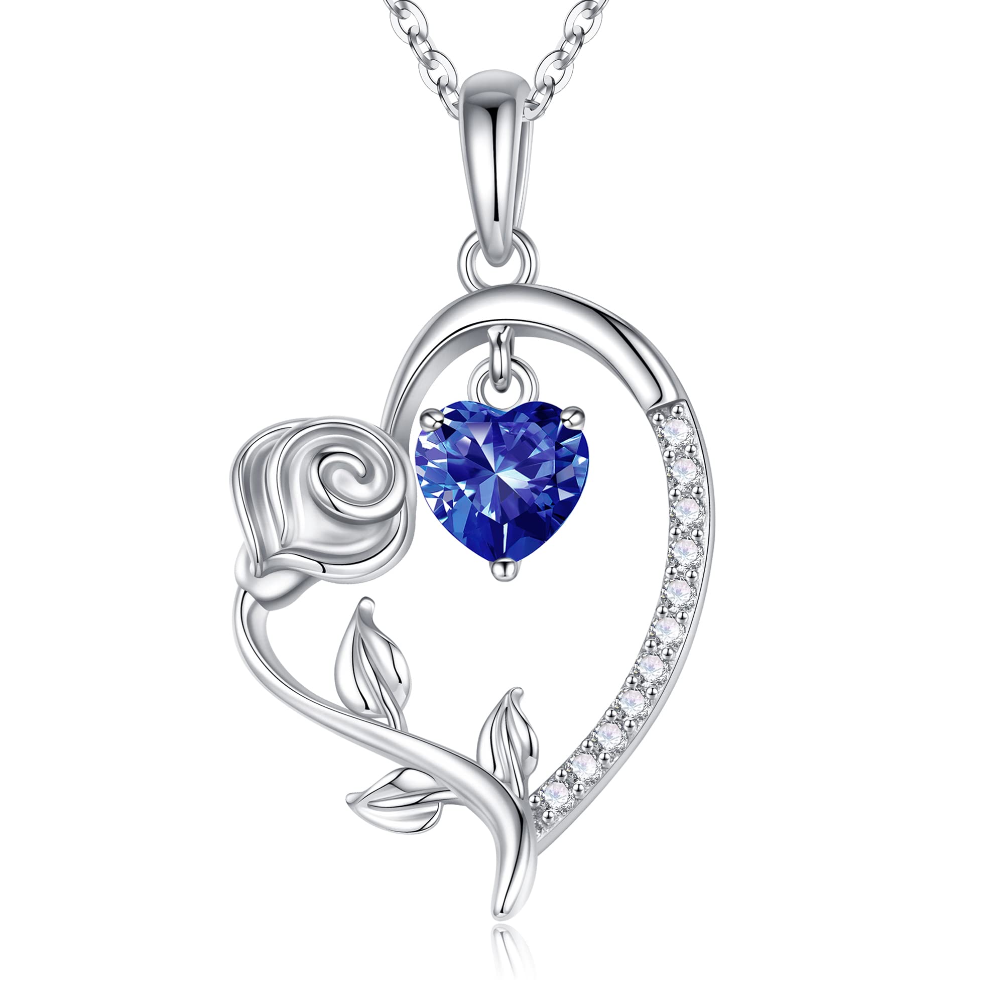 925 Sterling Silver Rose Flower Heart Birthstone Necklace - Personalized Valentine's Day, Mother's Day, Anniversary & Birthday Gift for Women, Girls & Teens | Perfect for Romantic Occasions & Special Celebrations