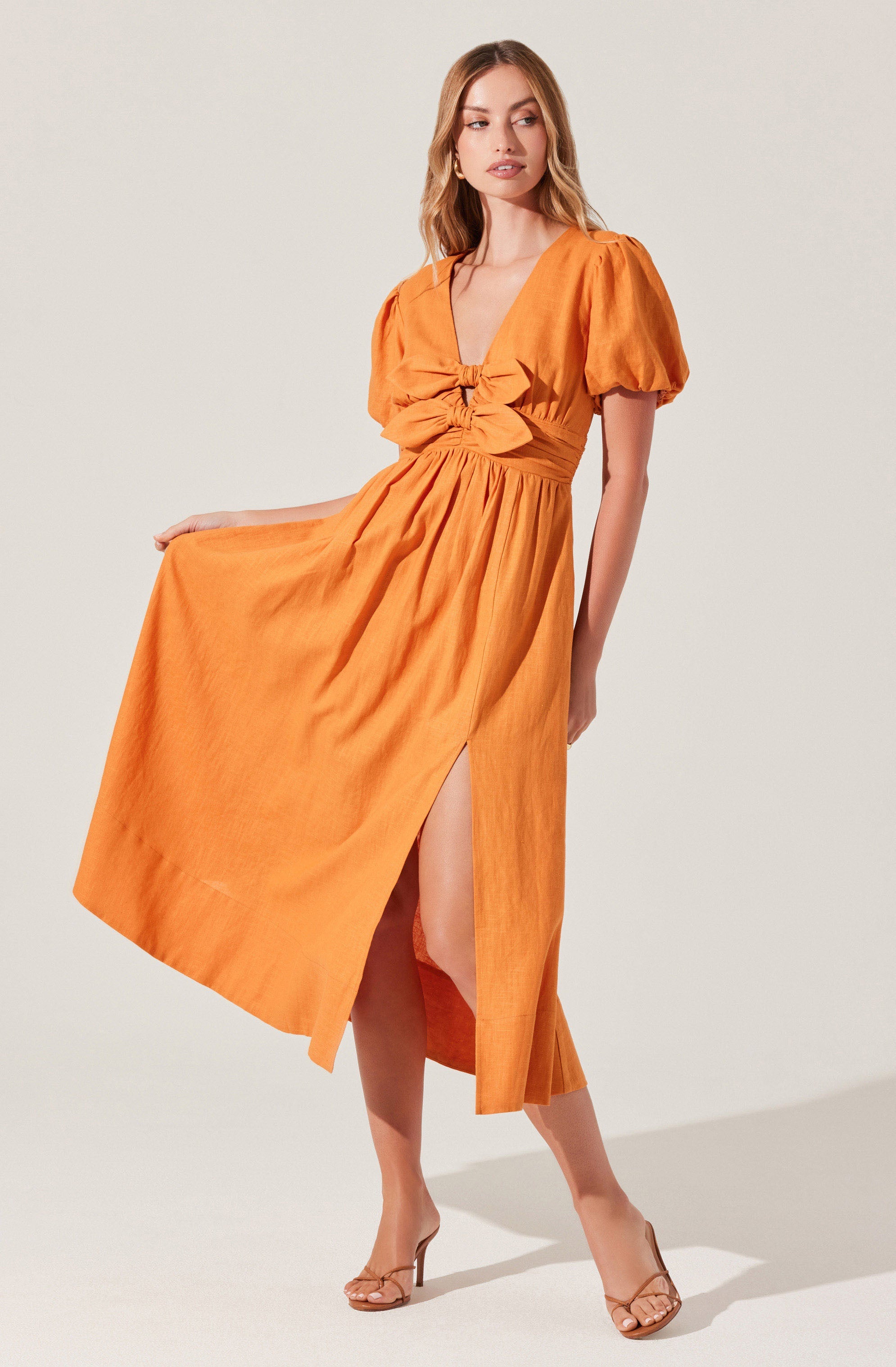 Stylish Citrine Linen Bow Front Midi Dress for Women - Perfect for Summer Weddings, Garden Parties & Casual Outings