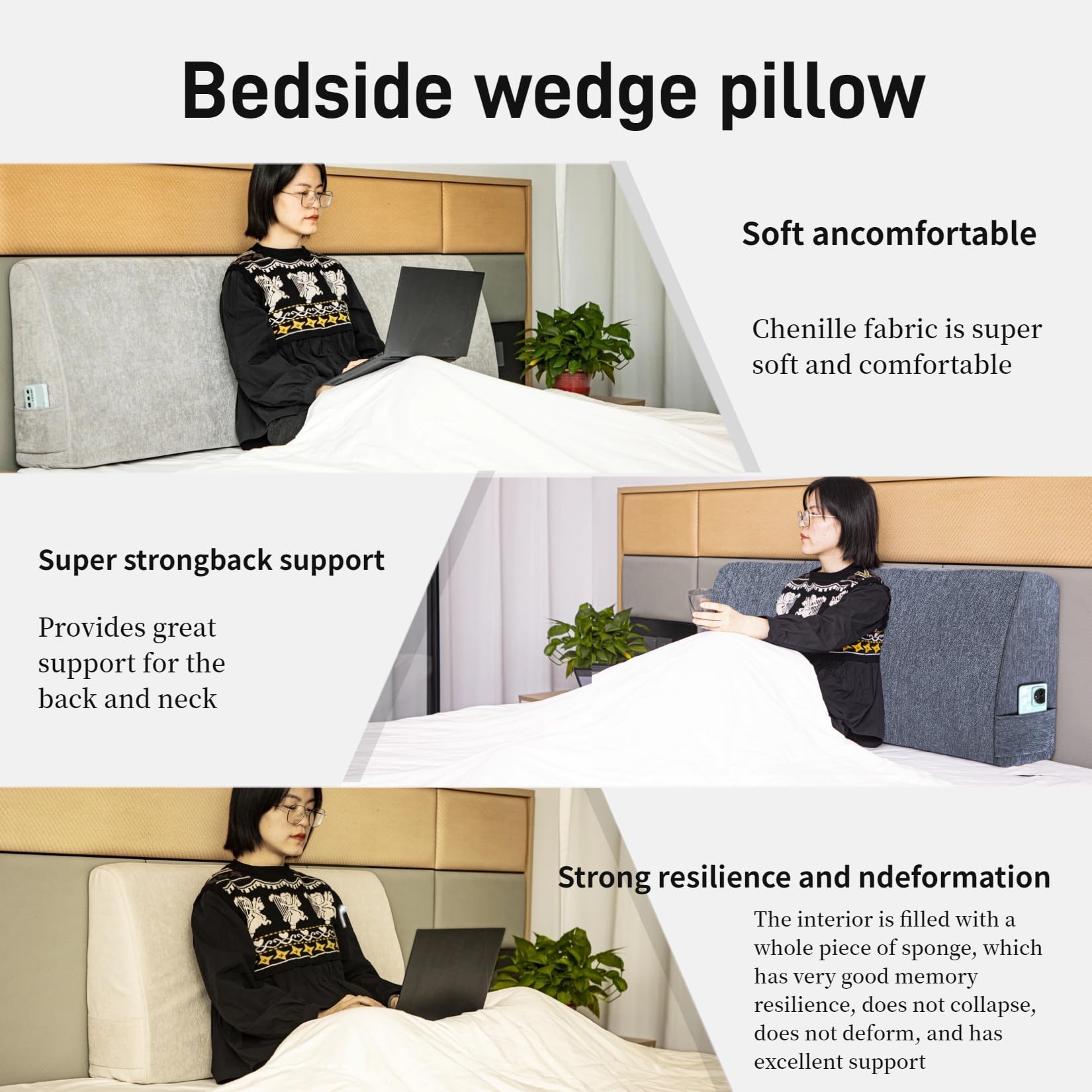 King Size Headboard Wedge Pillow - Adjustable Reading & Backrest Pillow for Sitting in Bed - Removable Washable Cover - Light Gray - Perfect for Reading, Working, or Watching TV in Bed