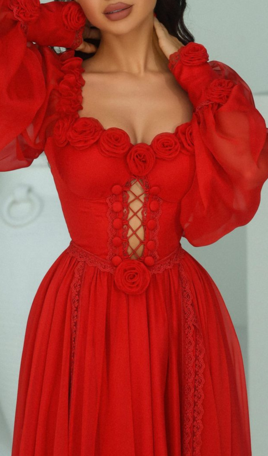 Elegant Red Chiffon 3D Flower Long Sleeve Midi Dress for Women - Perfect for Weddings, Parties & Special Occasions
