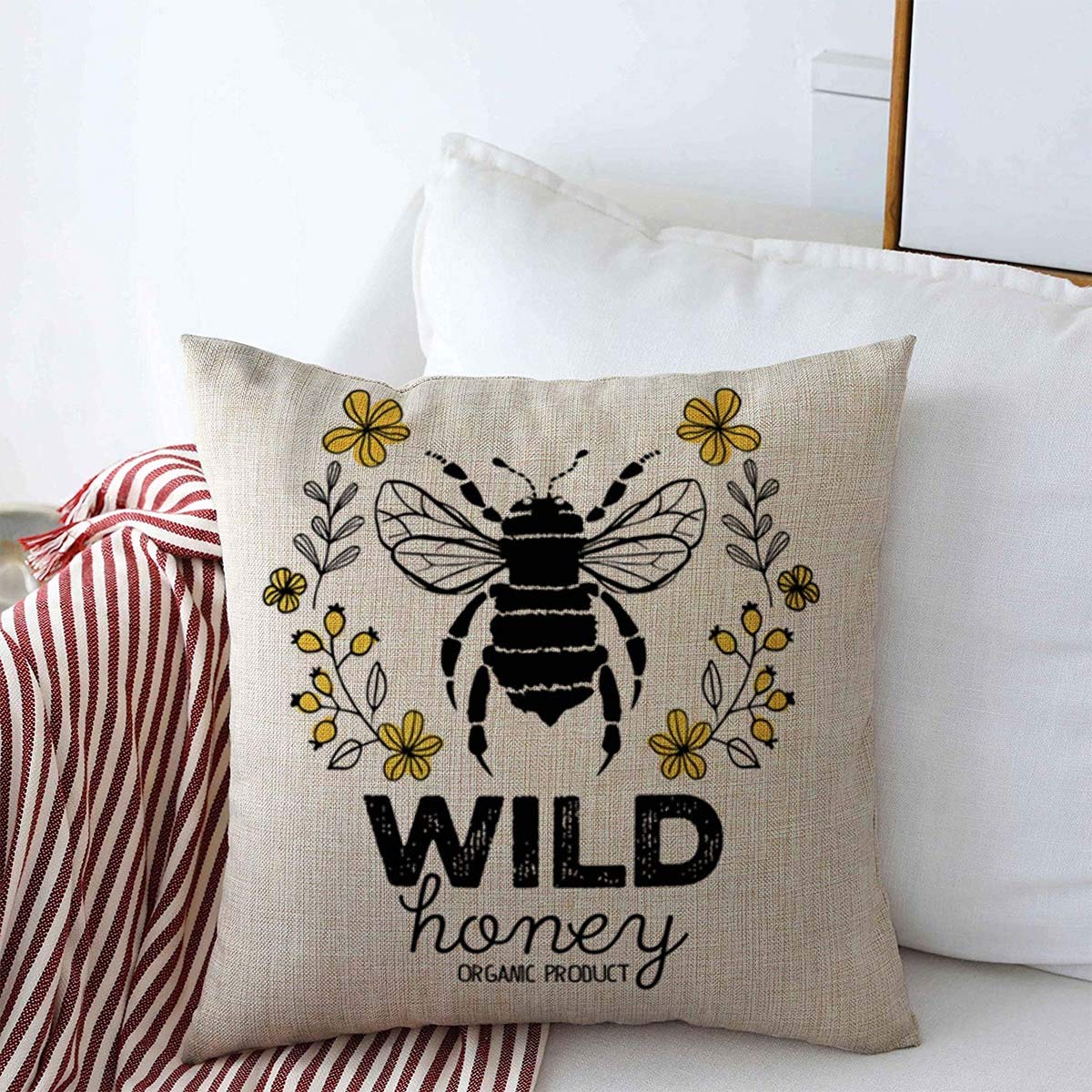 Organic Cotton Linen Bee Honeycomb Throw Pillow Covers 16x16 Inches - Vintage Honey Beehive Design Cushion Cases for Couch, Sofa & Home Decor - Perfect for Fall, Living Room & Farmhouse Style