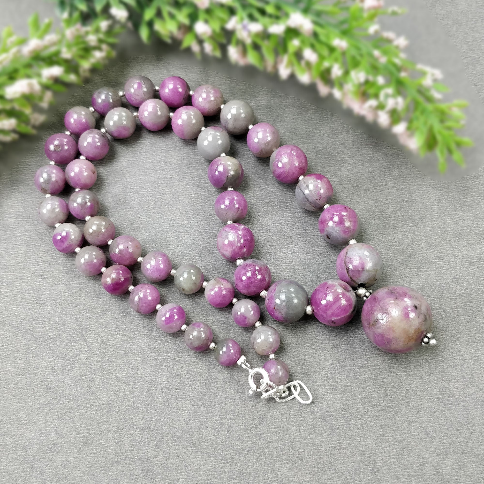 Natural Untreated Bi-Color Zoisite Ruby Gemstone Necklace - 334.15cts Genuine Ruby Balls with 925 Sterling Silver (7mm, 17mm, 18mm) | Elegant Jewelry for Women, Perfect Gift for Birthday, Anniversary & Special Occasions