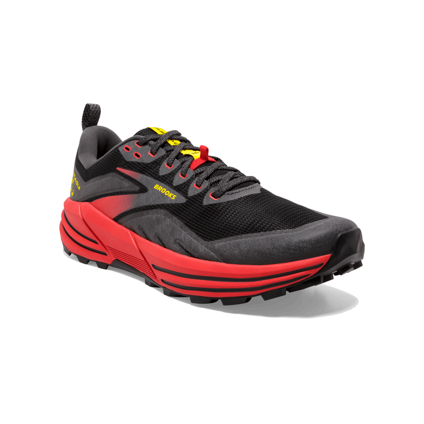 Brooks Cascadia 16 Men's Trail Running Shoes - D Width, Black/Fiery Red/Yellow - Lightweight & Durable for Hiking, Jogging & Outdoor Adventures