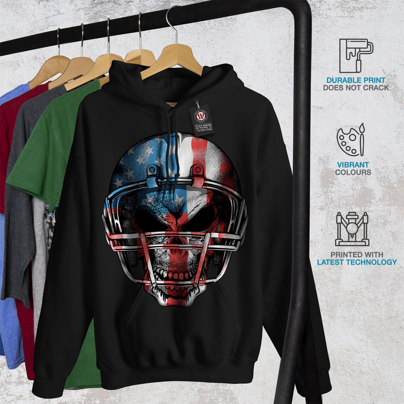 Wellcoda American Football Hoodie for Men - USA Flag Hooded Sweatshirt | Comfortable & Stylish Pullover for Game Day, Tailgating & Casual Wear