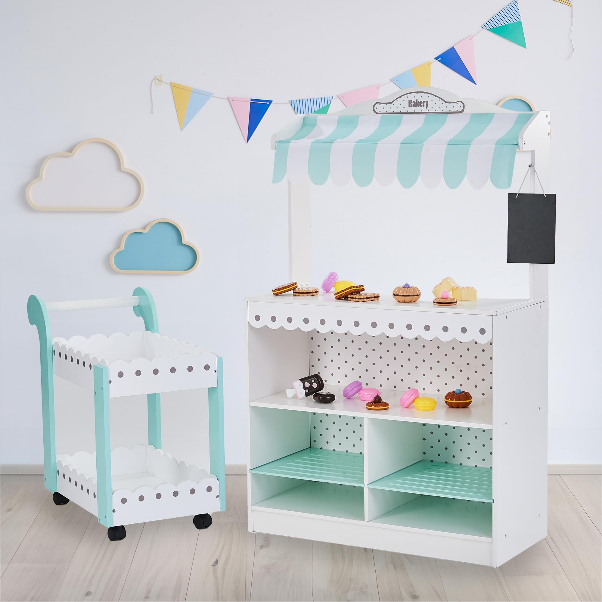 Teamson Kids My Dream Bakery Shop - Interactive Wooden Play Kitchen Set with 18 Pretend Baked Goods, Rolling Pastry Cart & Dessert Stand - White & Mint Green with Gray Polka Dots - Perfect for Pretend Play, Role Playing & Early Childhood Development