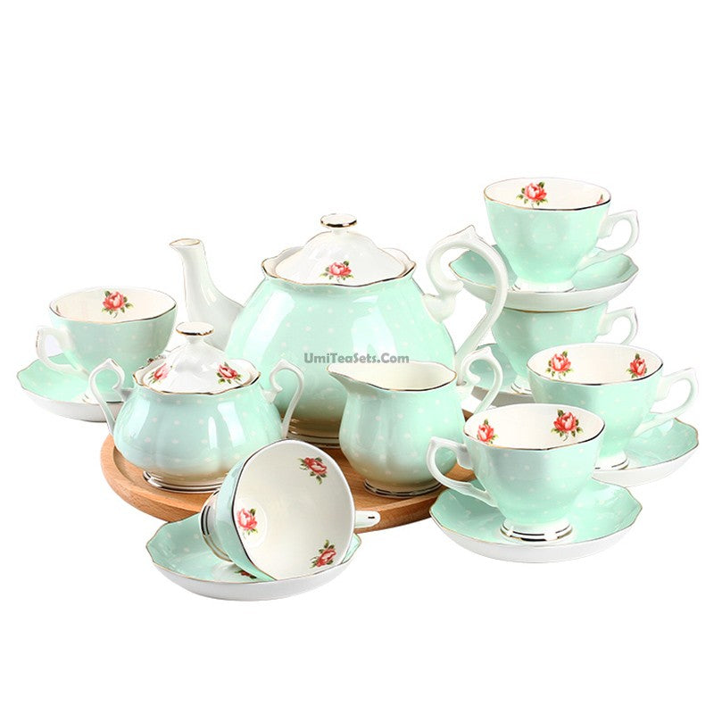 Elegant Light Green Dotted Bone China Tea Set - 16-Piece Porcelain Tea Service for Afternoon Tea, Bridal Shower & Home Decor